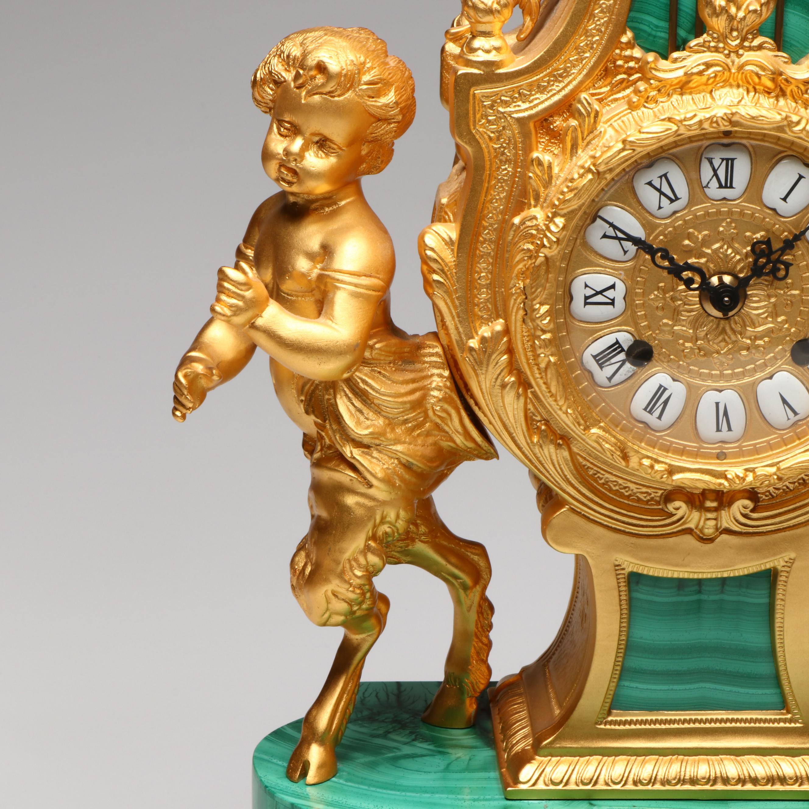 Lancini Italian Rococo Gilt Metal and Malachite Tiled Mantle Clock with Satyroi