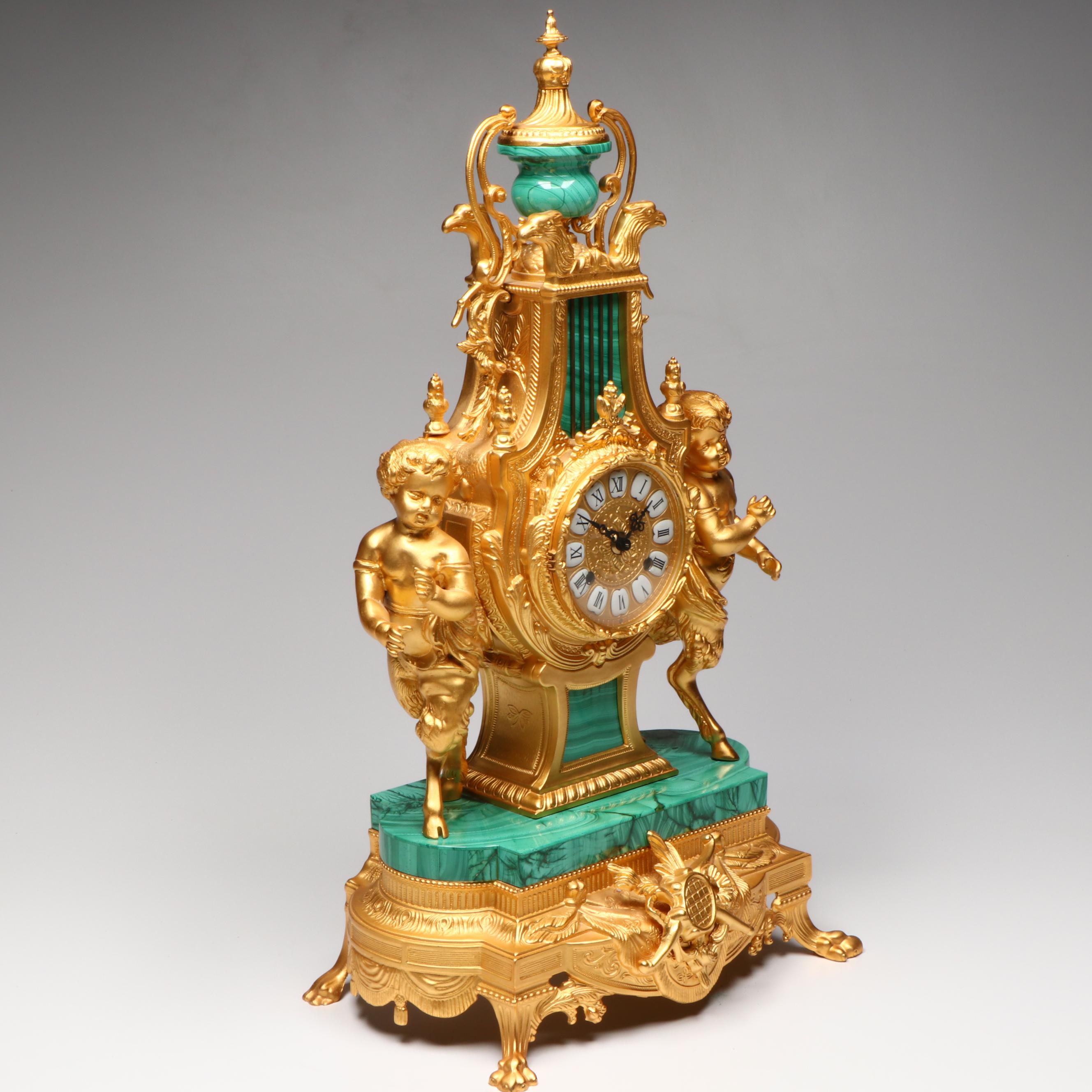 Lancini Italian Rococo Gilt Metal and Malachite Tiled Mantle Clock with Satyroi