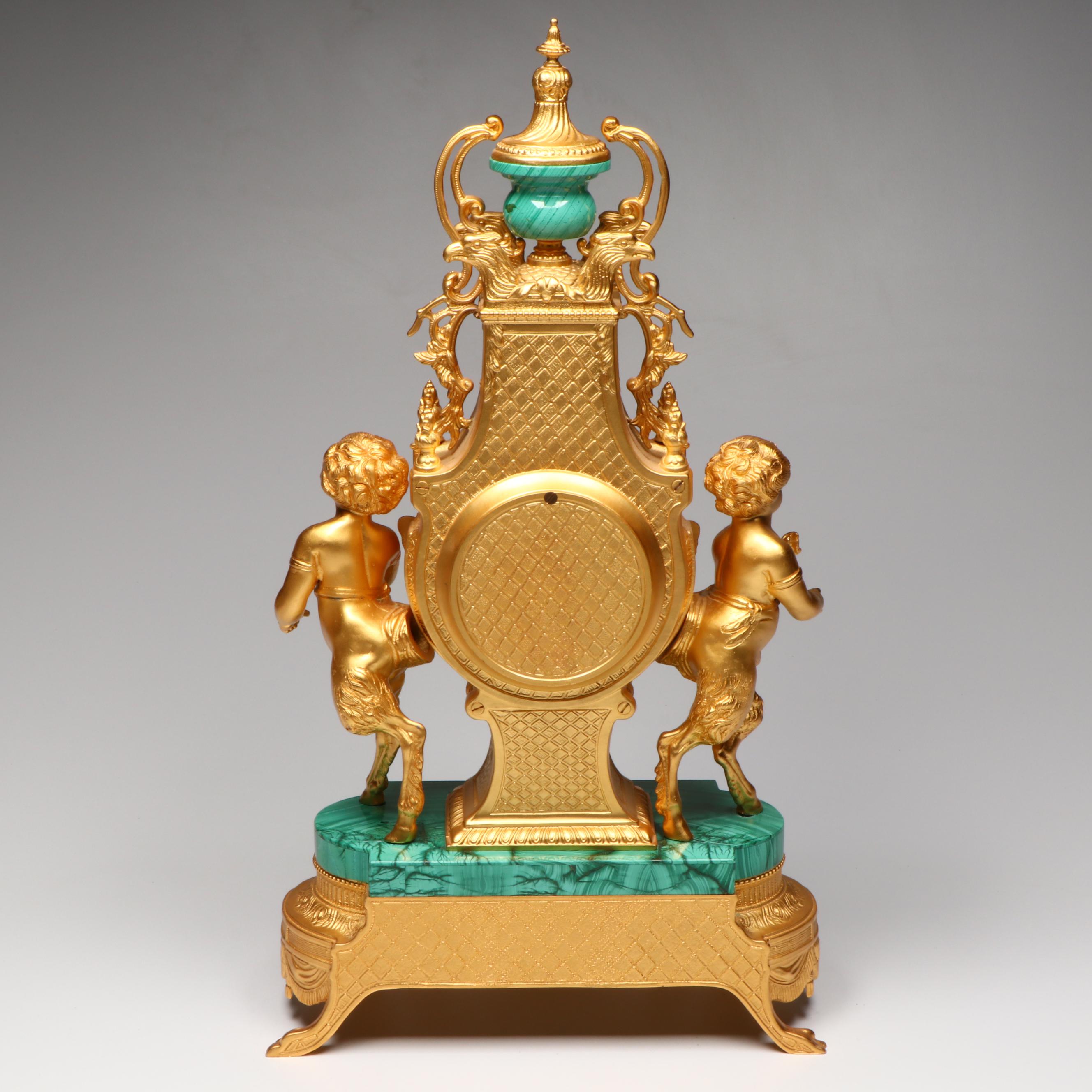 Lancini Italian Rococo Gilt Metal and Malachite Tiled Mantle Clock with Satyroi