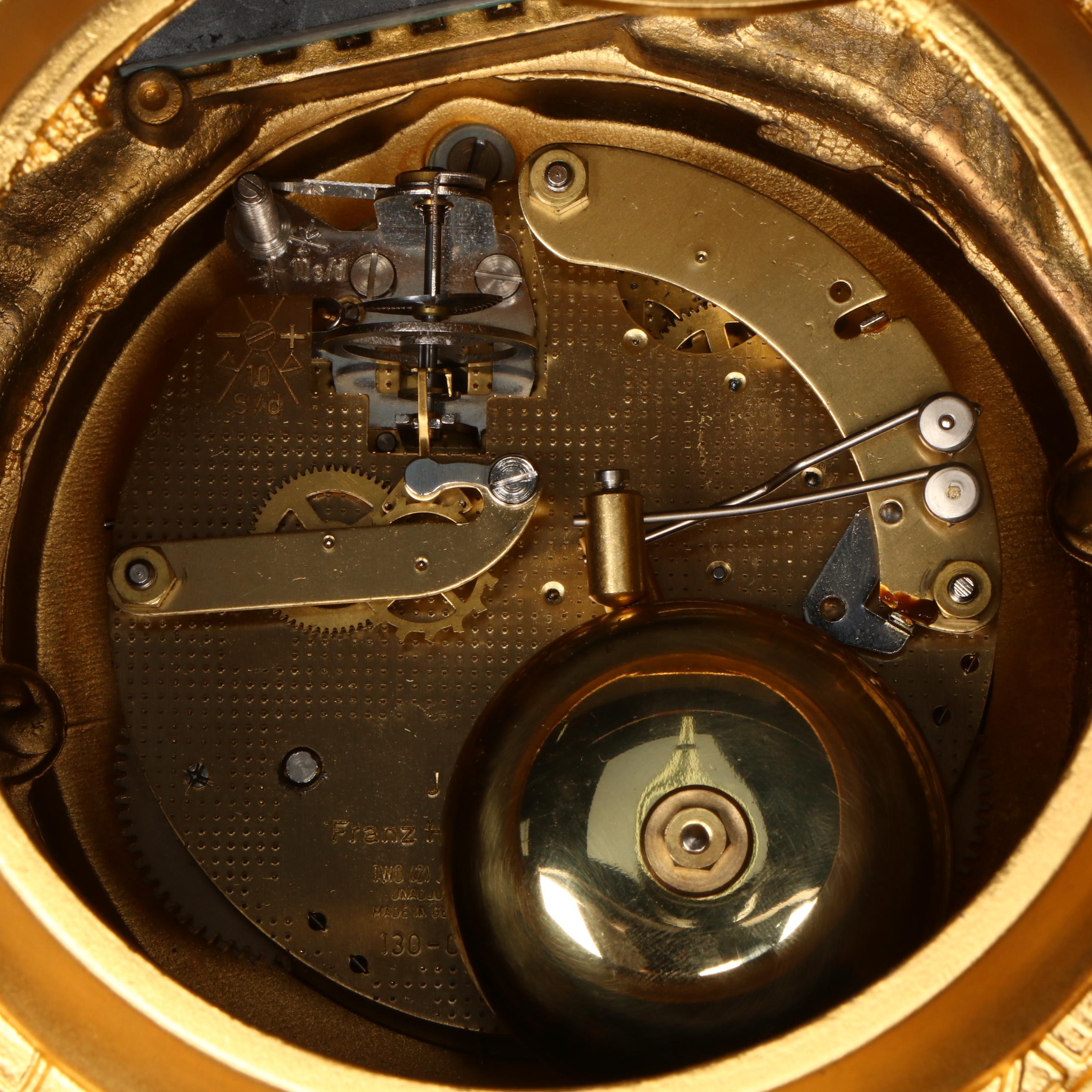 Lancini Italian Rococo Gilt Metal and Malachite Tiled Mantle Clock with Satyroi