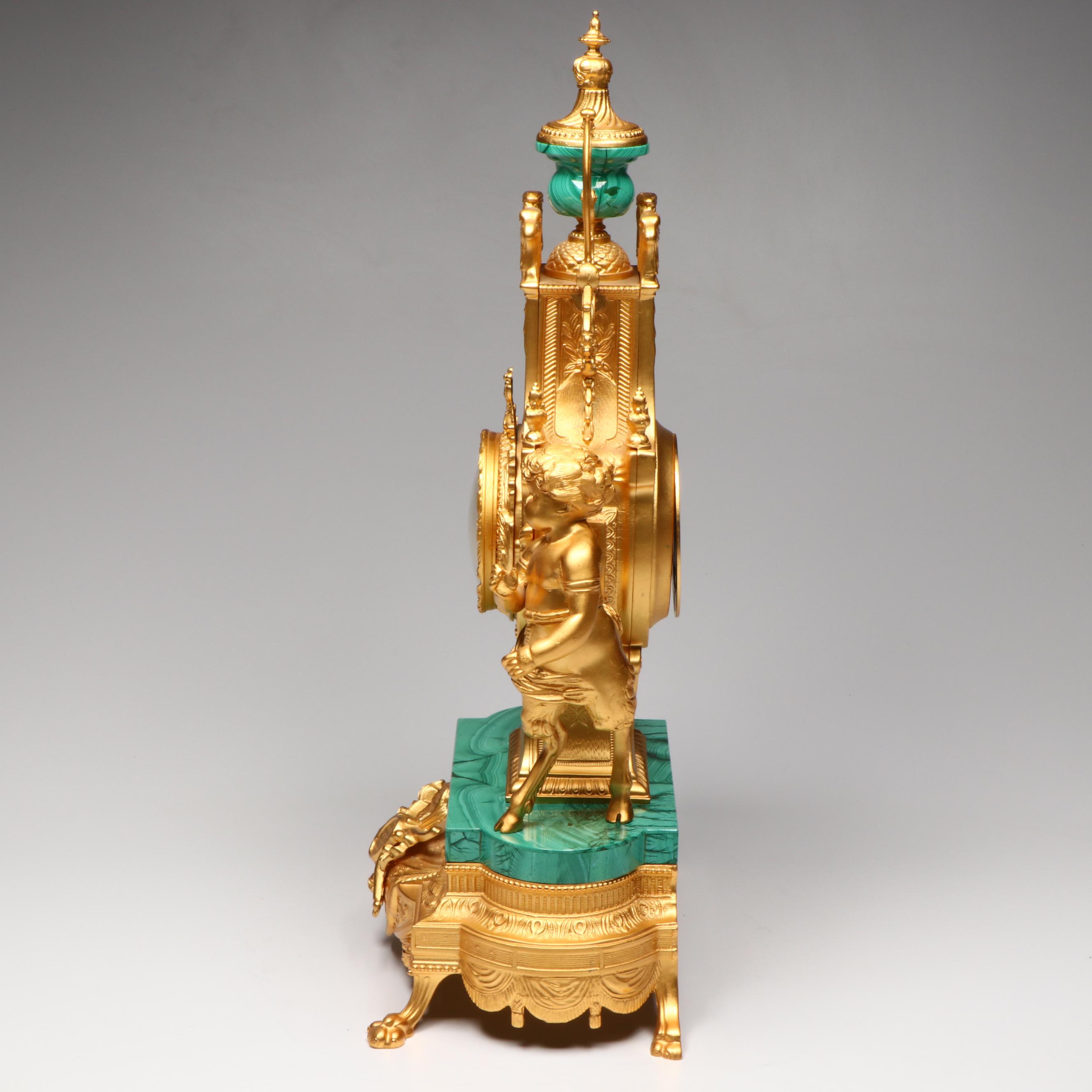 Lancini Italian Rococo Gilt Metal and Malachite Tiled Mantle Clock with Satyroi