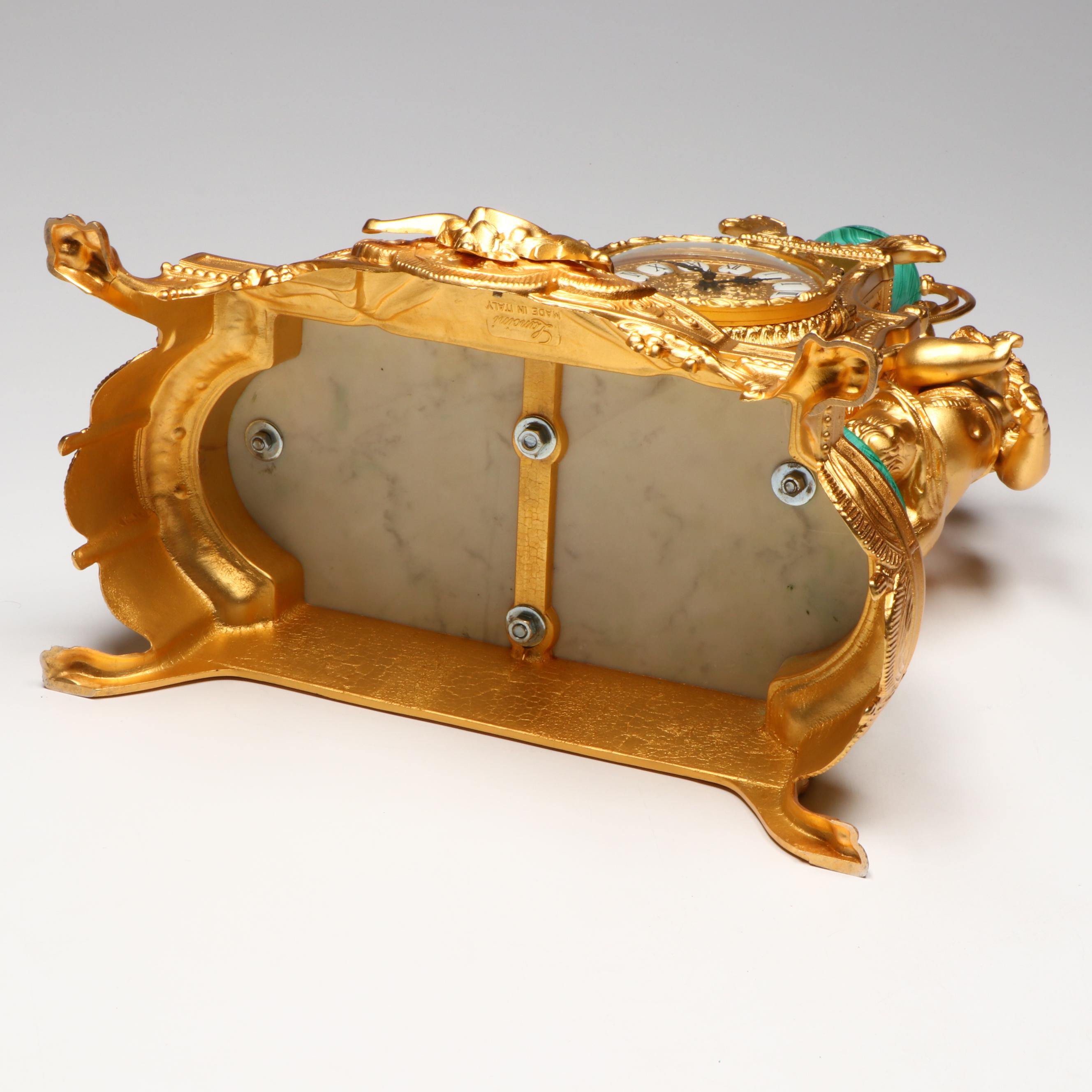 Lancini Italian Rococo Gilt Metal and Malachite Tiled Mantle Clock with Satyroi