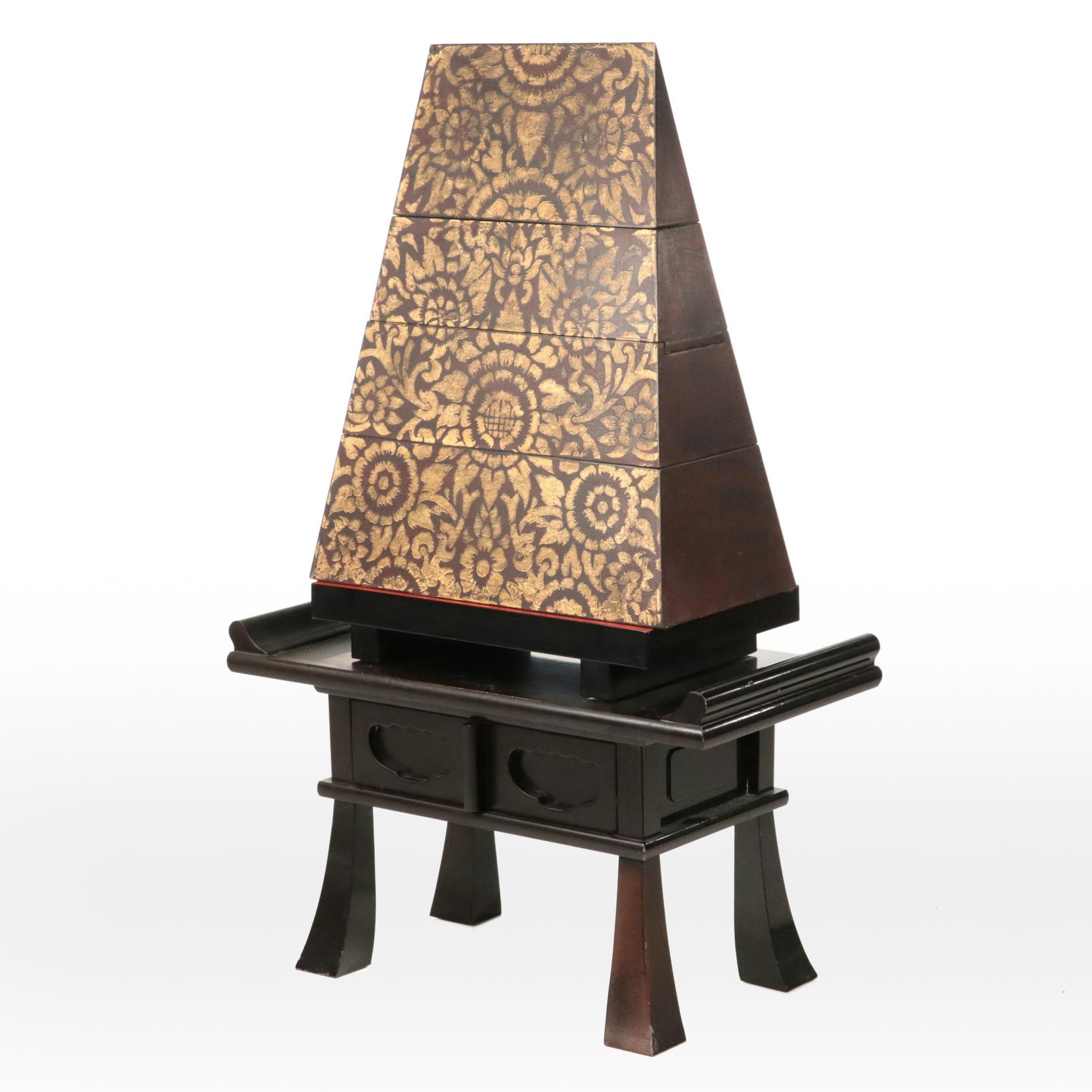 Southeast Asian Style Wooden Triangular Box with Stand and Chopsticks