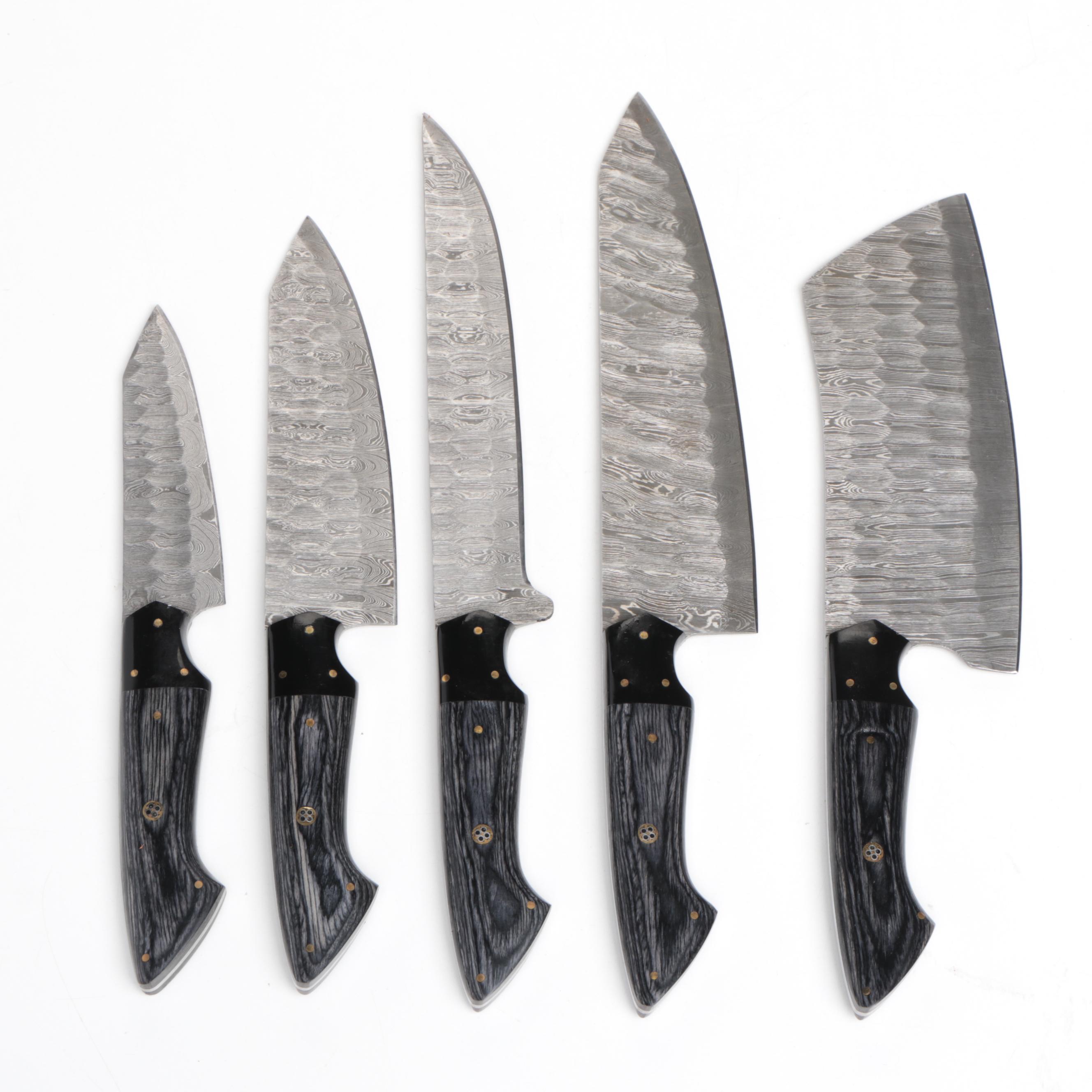 Damascus Steel and Wooden Handled Chef's Knife Set in Suede Leather Roll