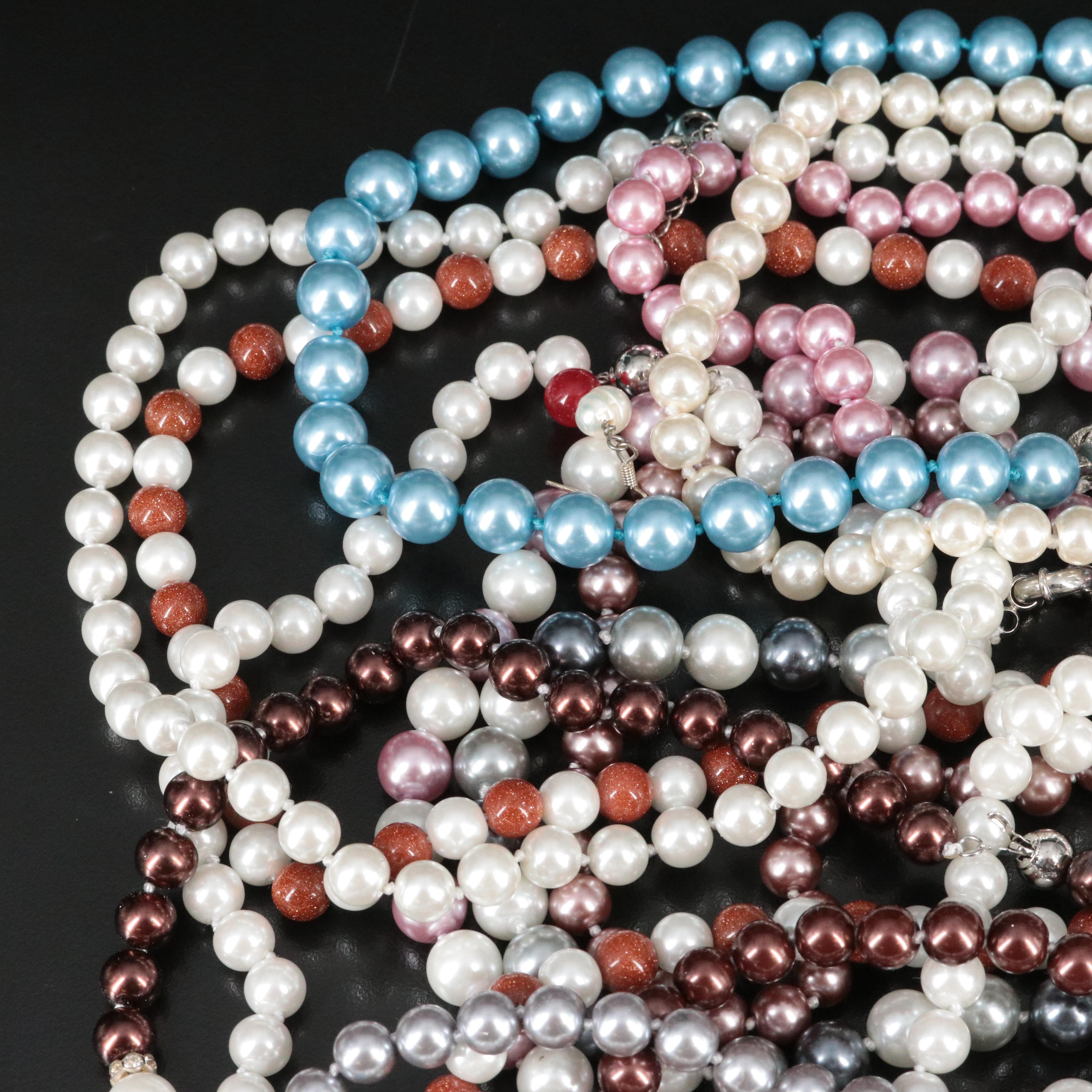 Faux Pearl, Goldstone Glass and Rhinestone Jewelry Collection Featuring Sterling