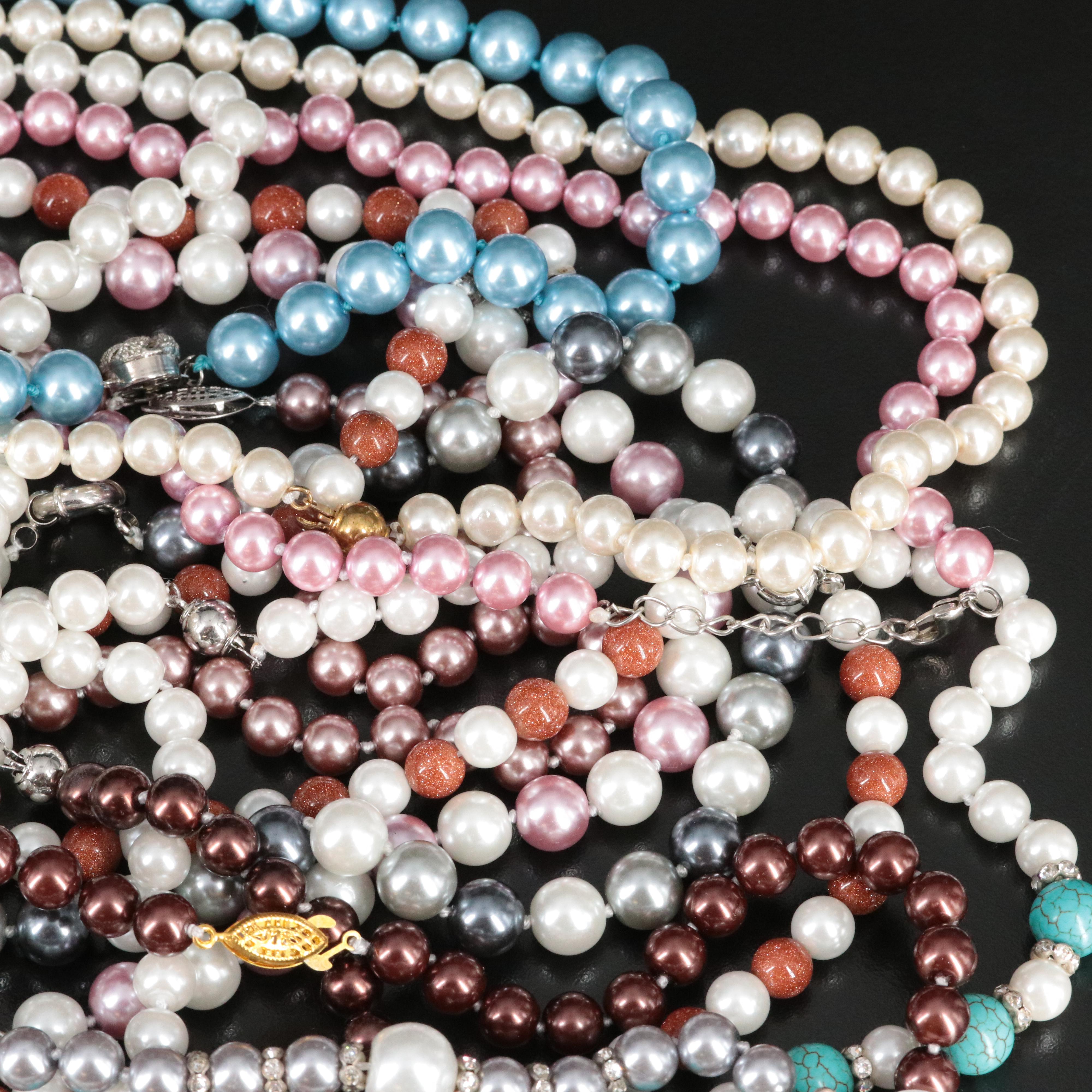 Faux Pearl, Goldstone Glass and Rhinestone Jewelry Collection Featuring Sterling