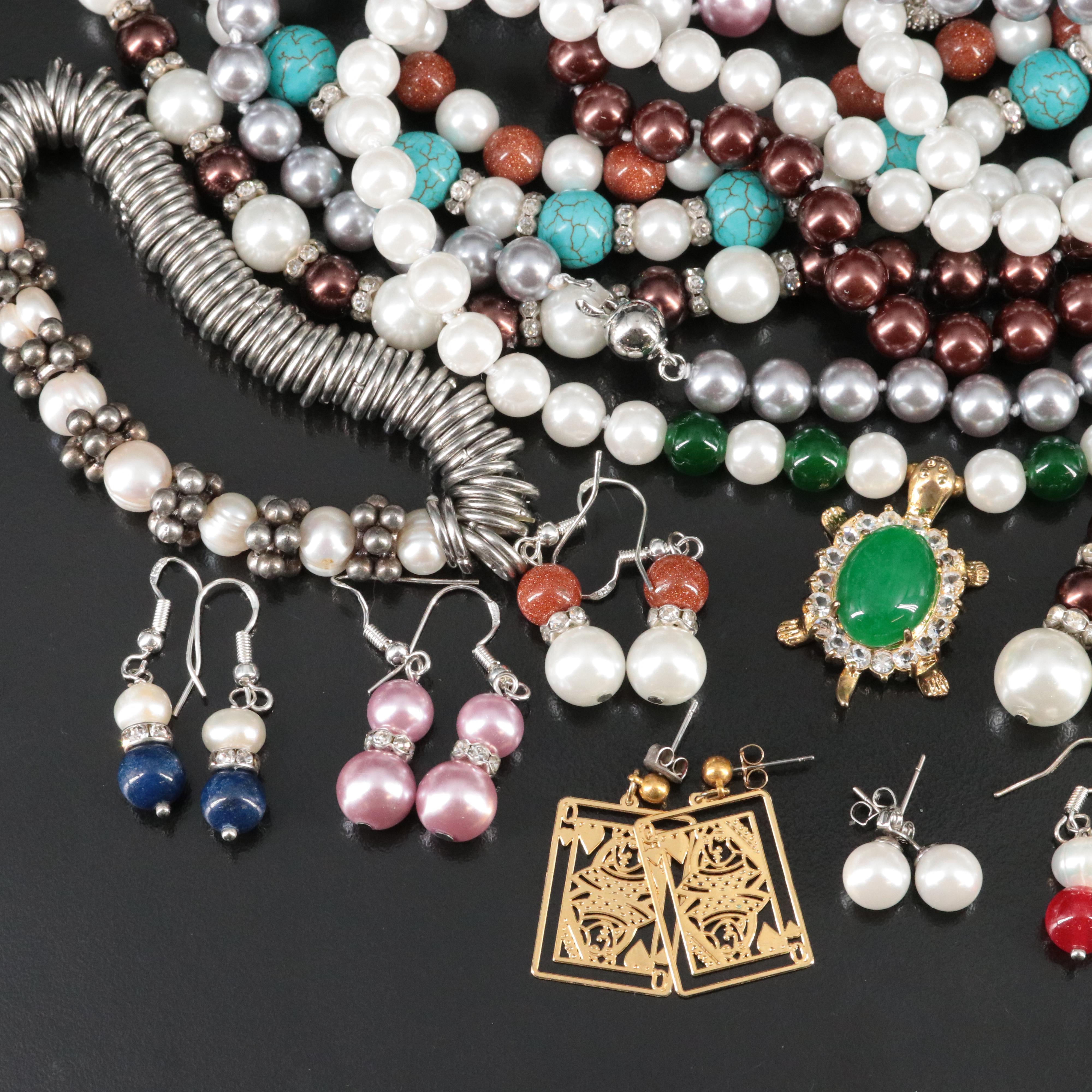 Faux Pearl, Goldstone Glass and Rhinestone Jewelry Collection Featuring Sterling