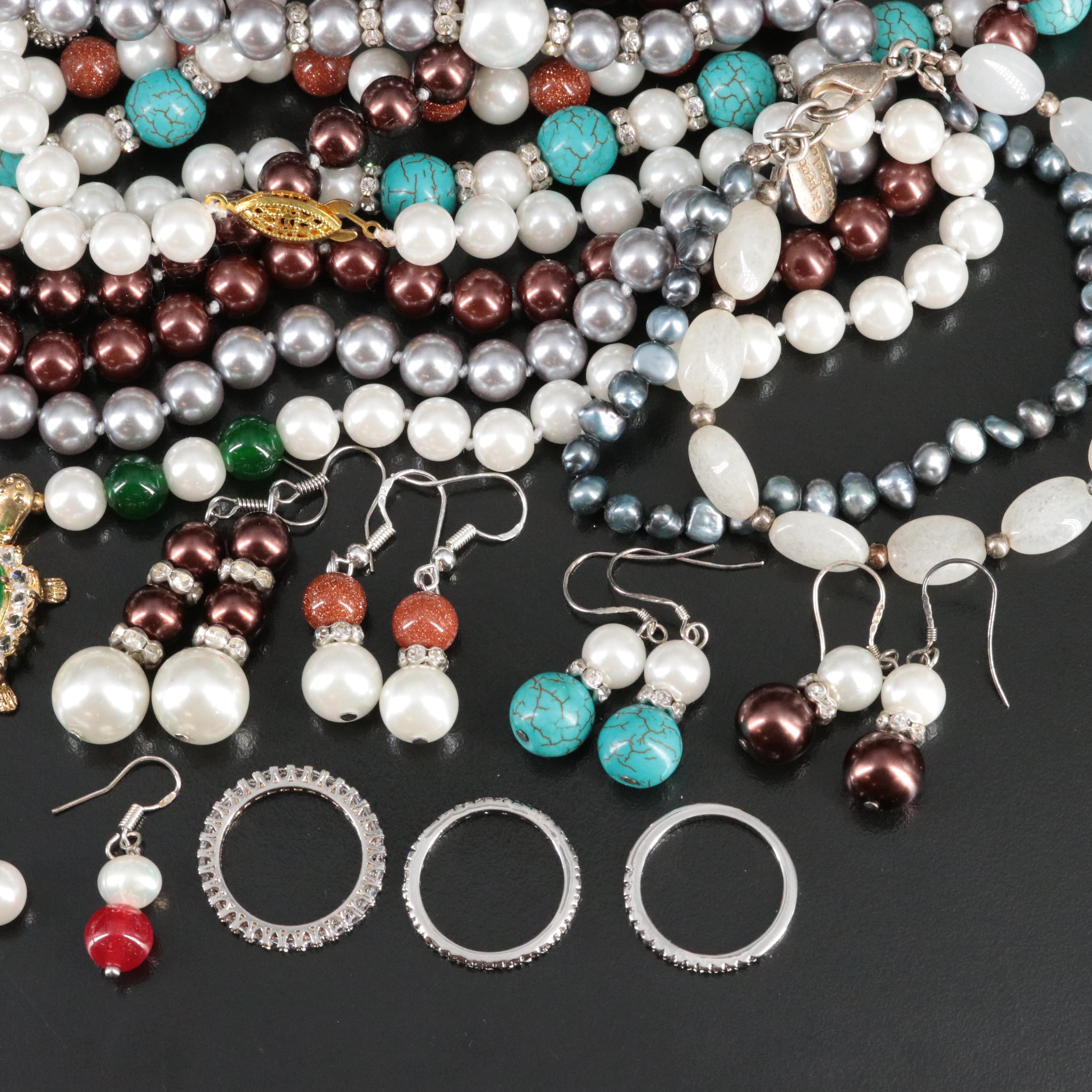 Faux Pearl, Goldstone Glass and Rhinestone Jewelry Collection Featuring Sterling