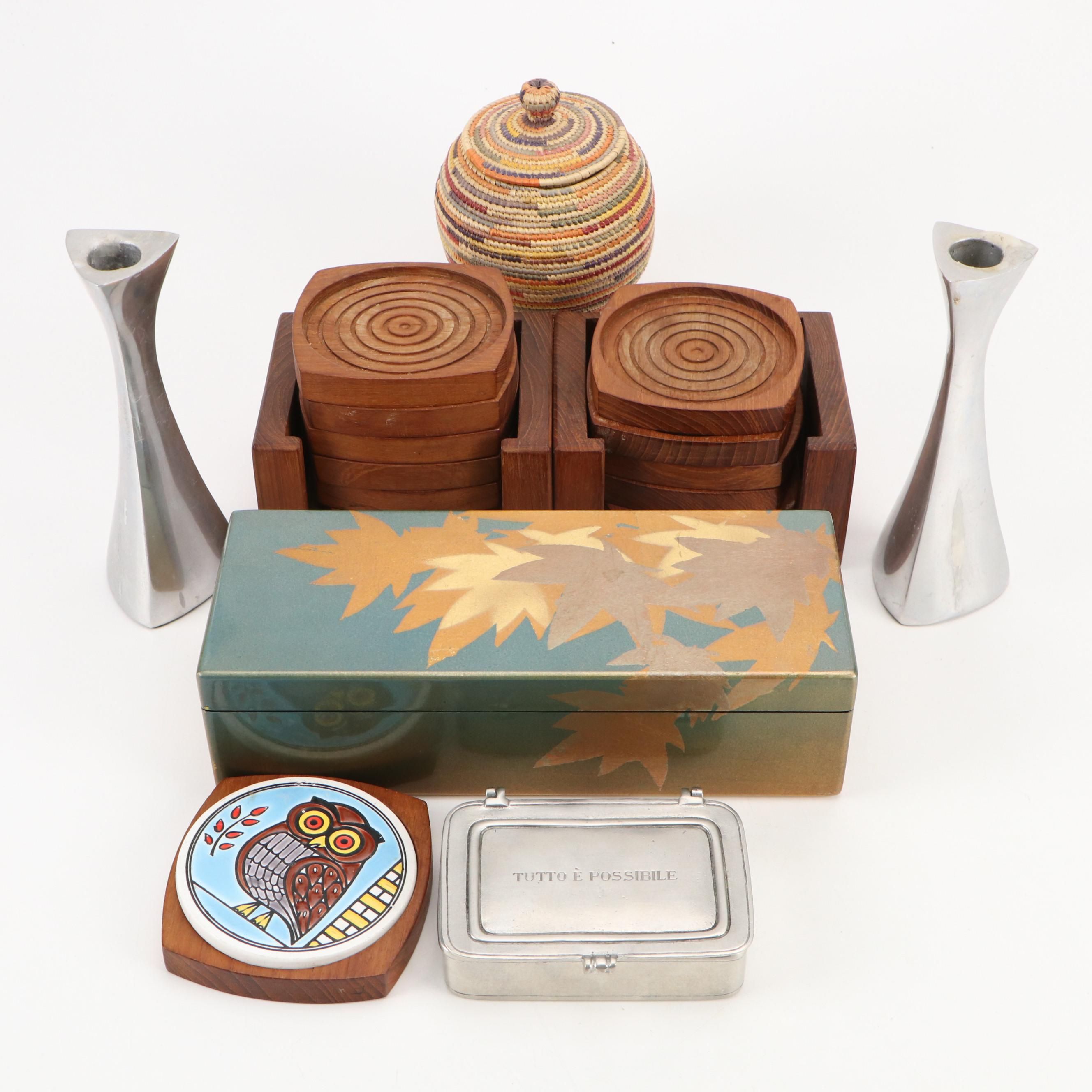 Nambé Tri-Corner Candlesticks with Walnut Coasters, Boxes and More