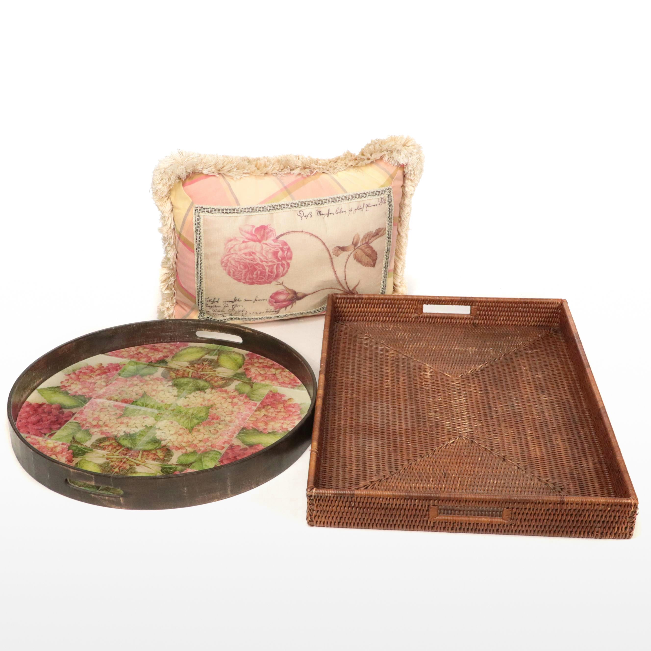 Resin Round Tray, Woven Rectangular Tray, and Throw Pillow