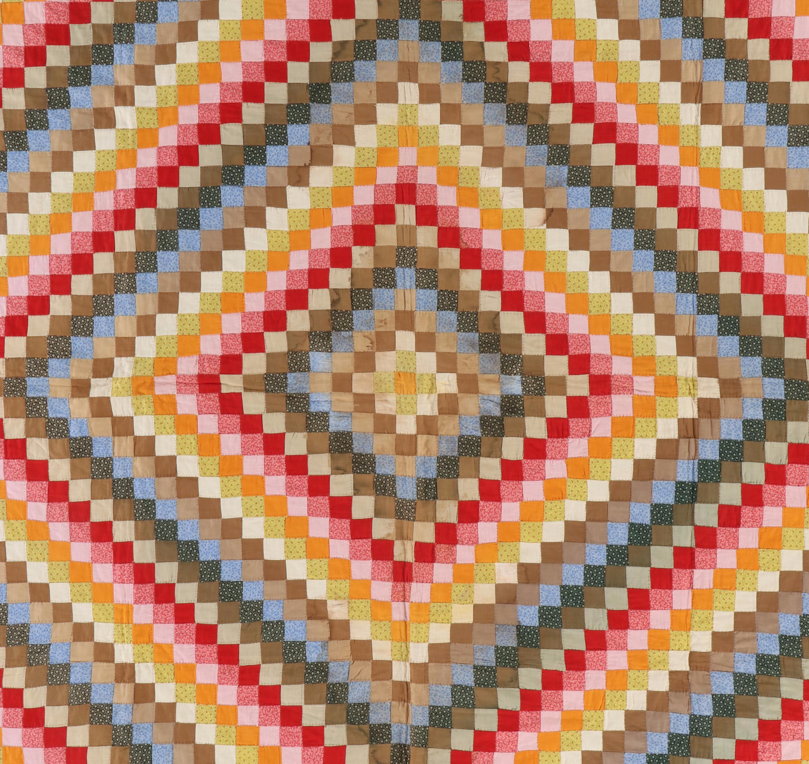 Hand-Pieced and Hand-Stitched Multicolor "Trip Around The World" Quilt