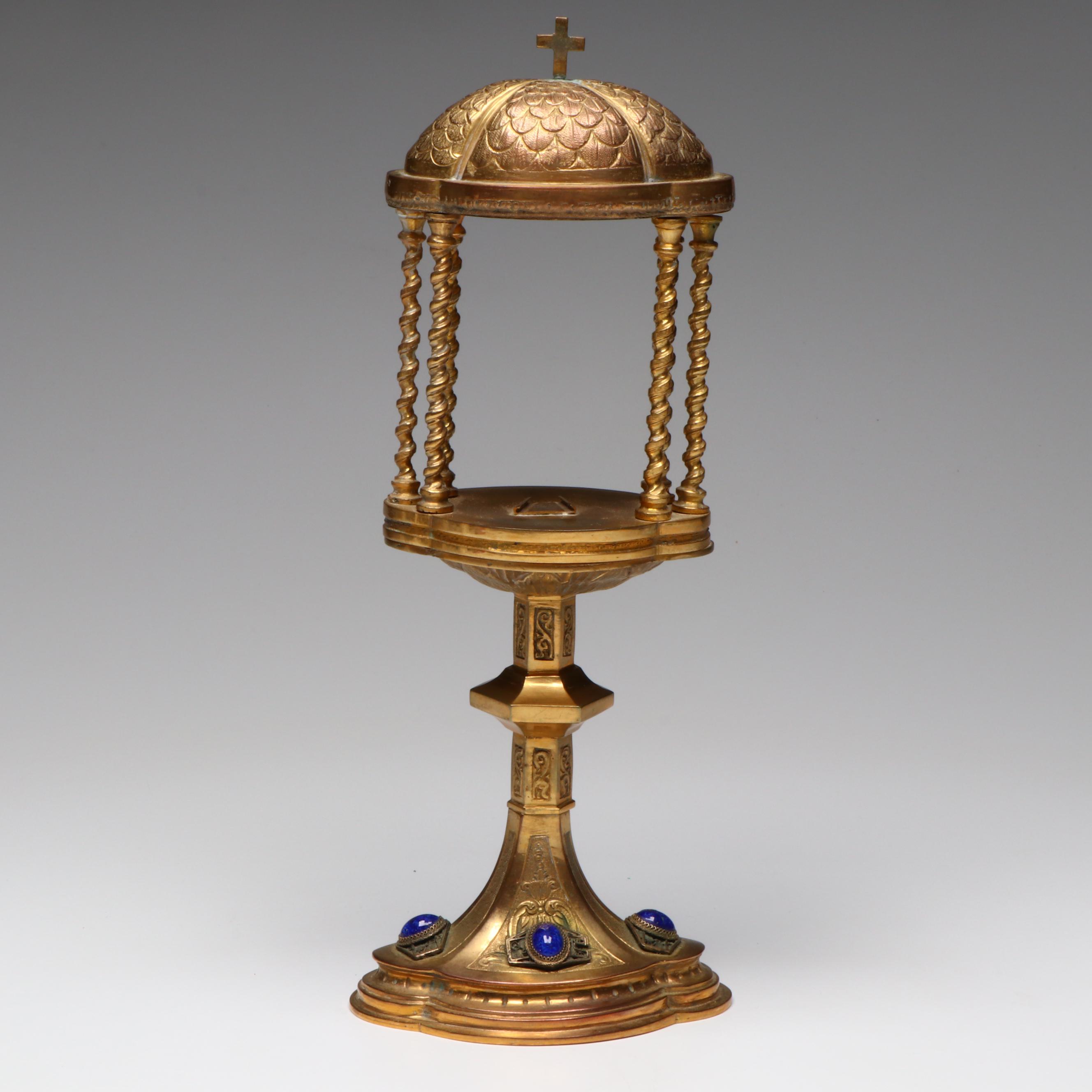 Italian Style Lapis Lazuli Embellished Brass Monstrance Reliquary