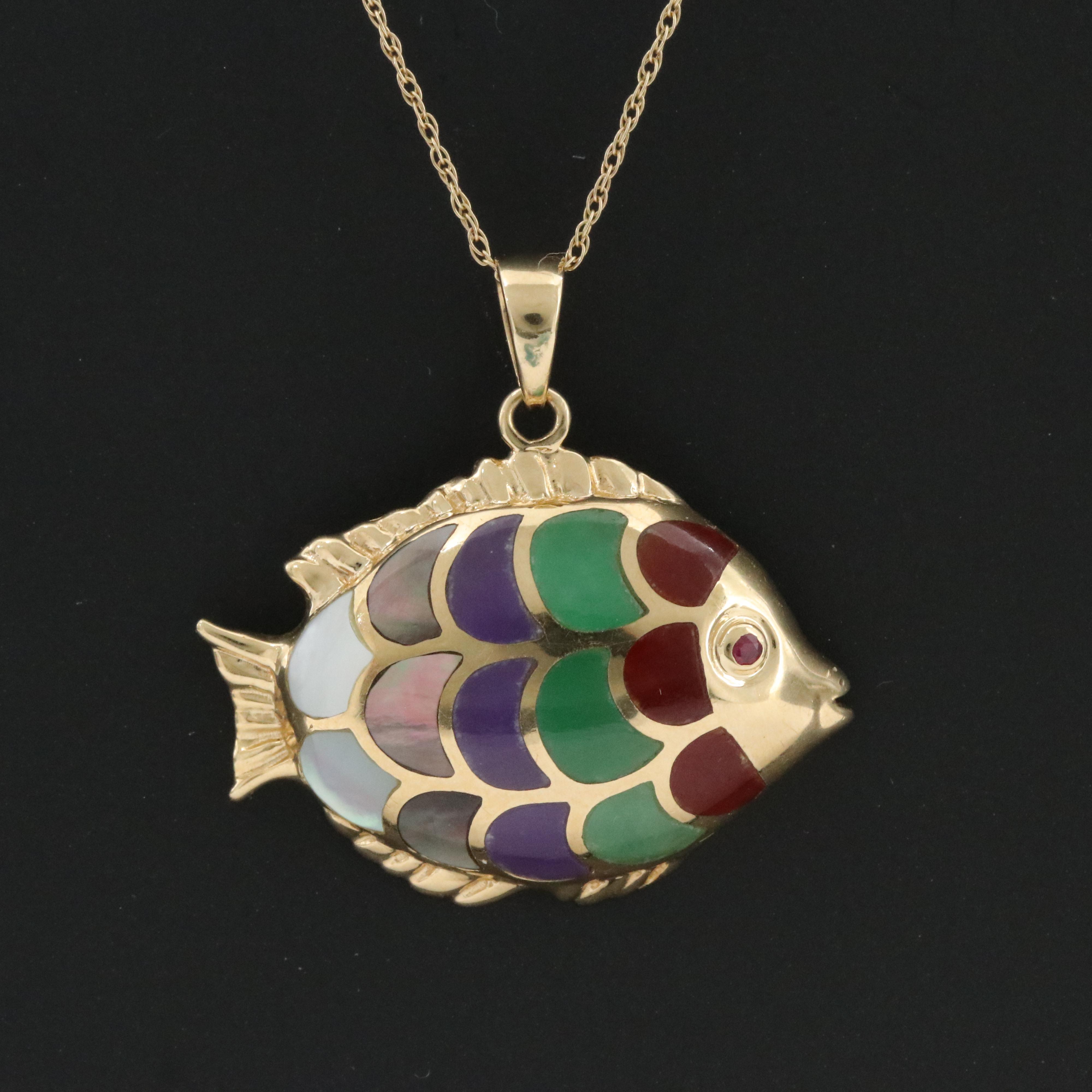 14K Mother-of-Pearl and Jadeite Inlay Fish Pendant with Ruby Eyes and 10K Chain