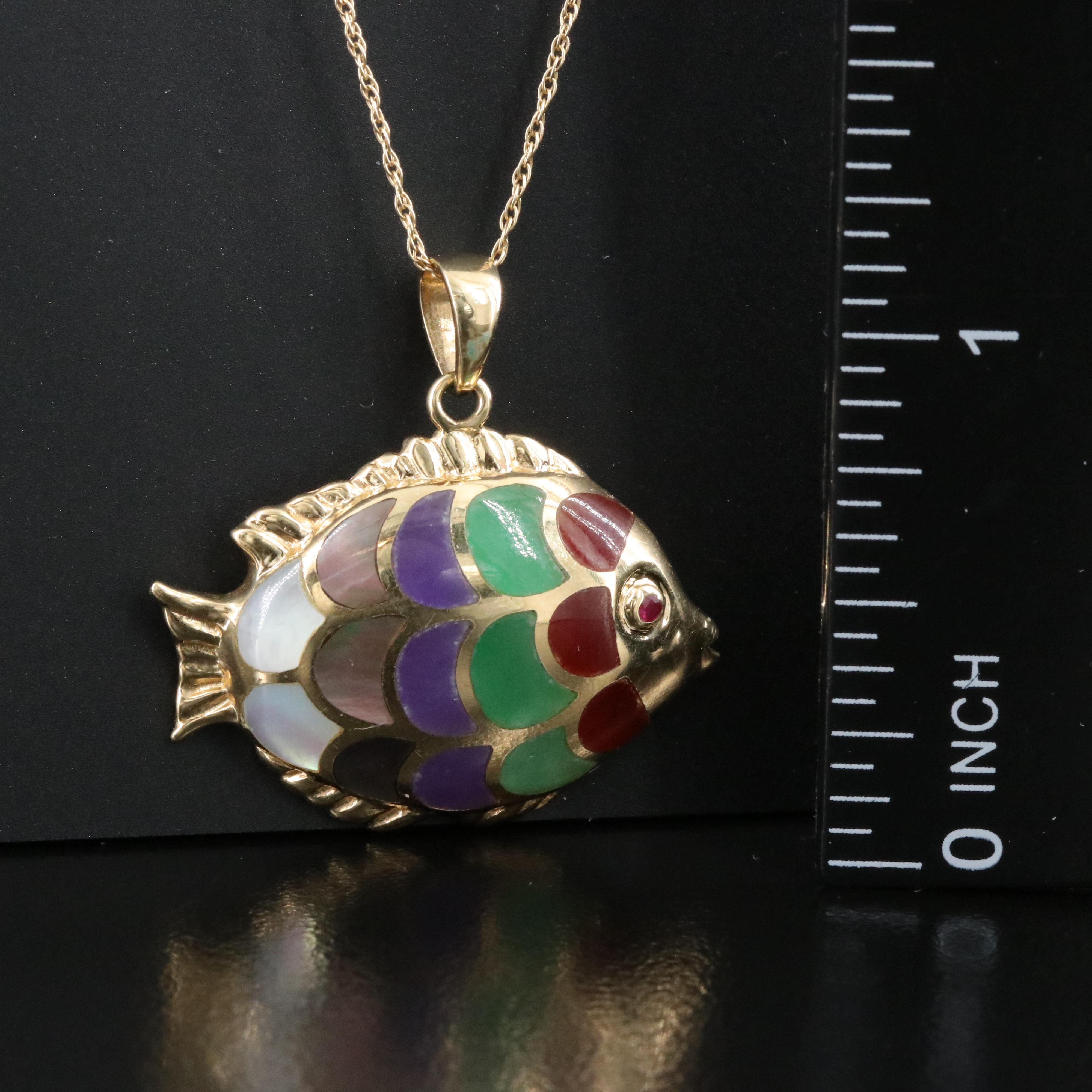 14K Mother-of-Pearl and Jadeite Inlay Fish Pendant with Ruby Eyes and 10K Chain