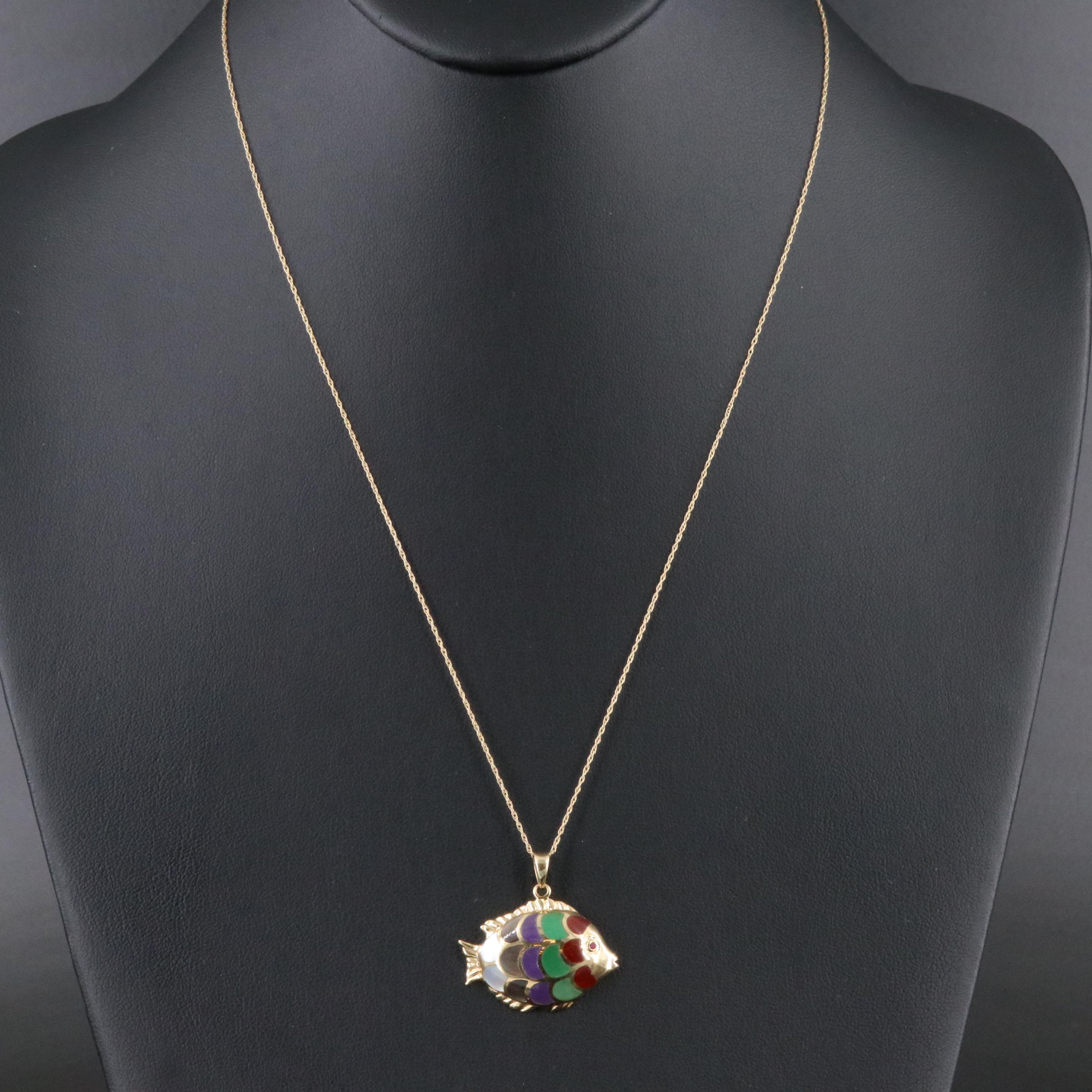 14K Mother-of-Pearl and Jadeite Inlay Fish Pendant with Ruby Eyes and 10K Chain