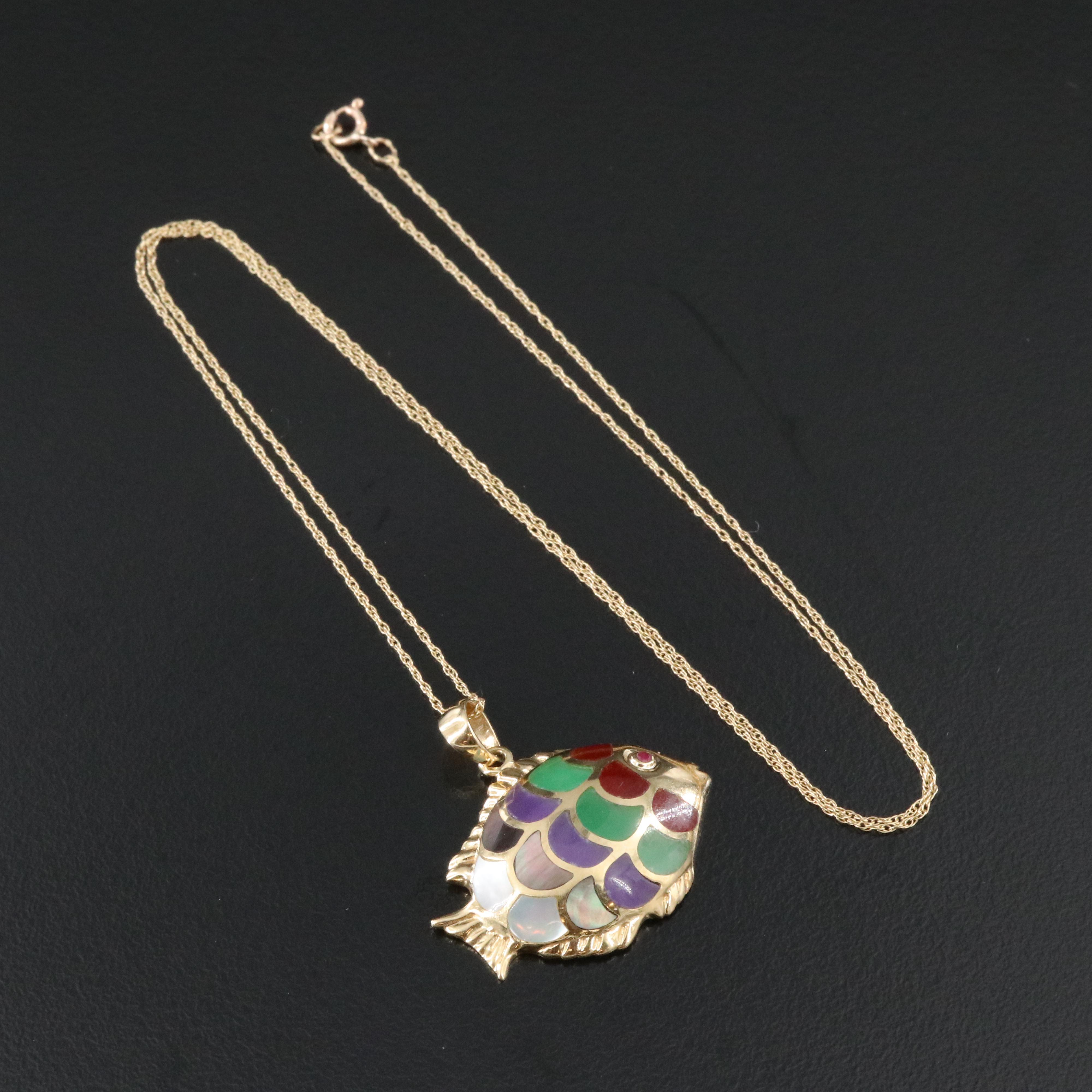 14K Mother-of-Pearl and Jadeite Inlay Fish Pendant with Ruby Eyes and 10K Chain