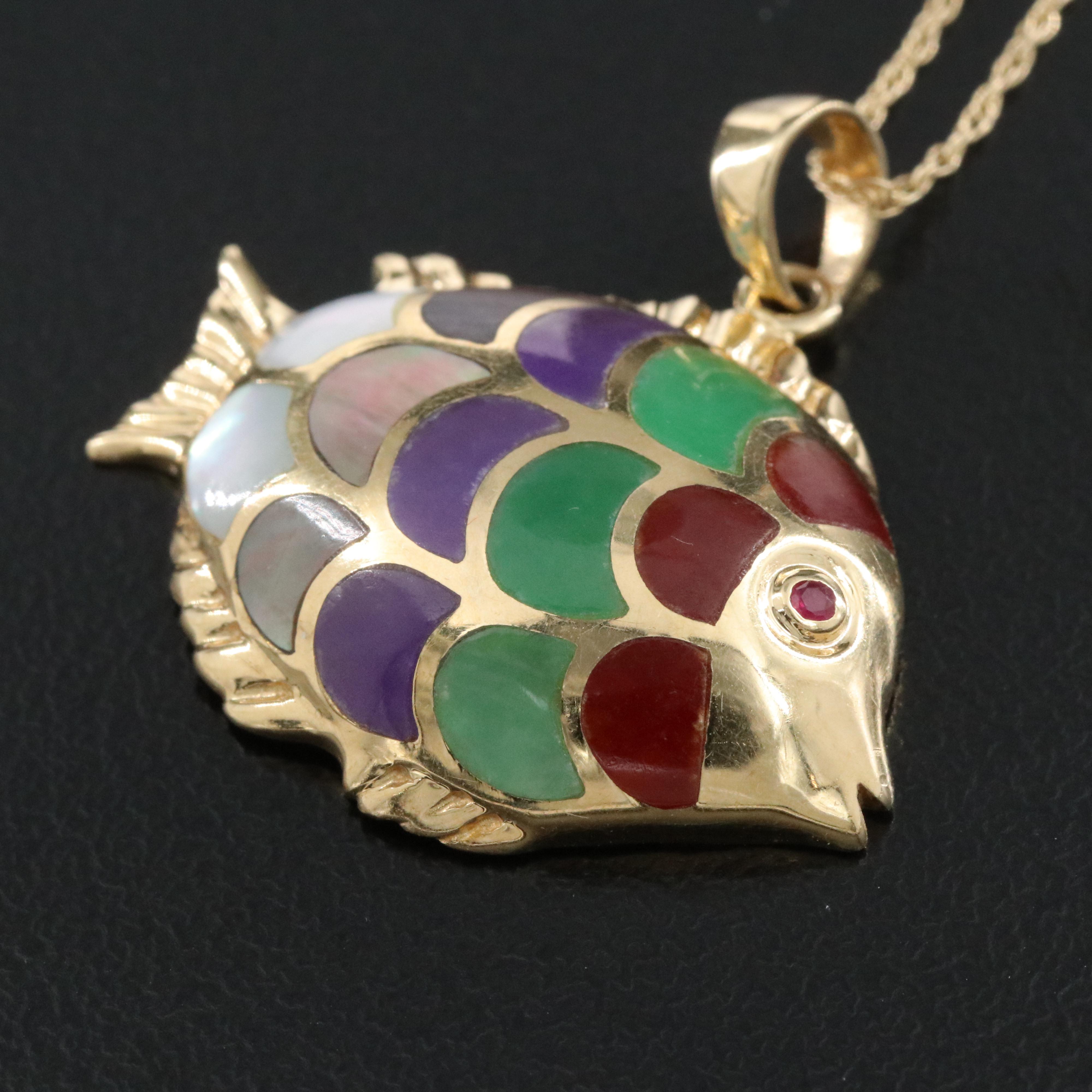 14K Mother-of-Pearl and Jadeite Inlay Fish Pendant with Ruby Eyes and 10K Chain