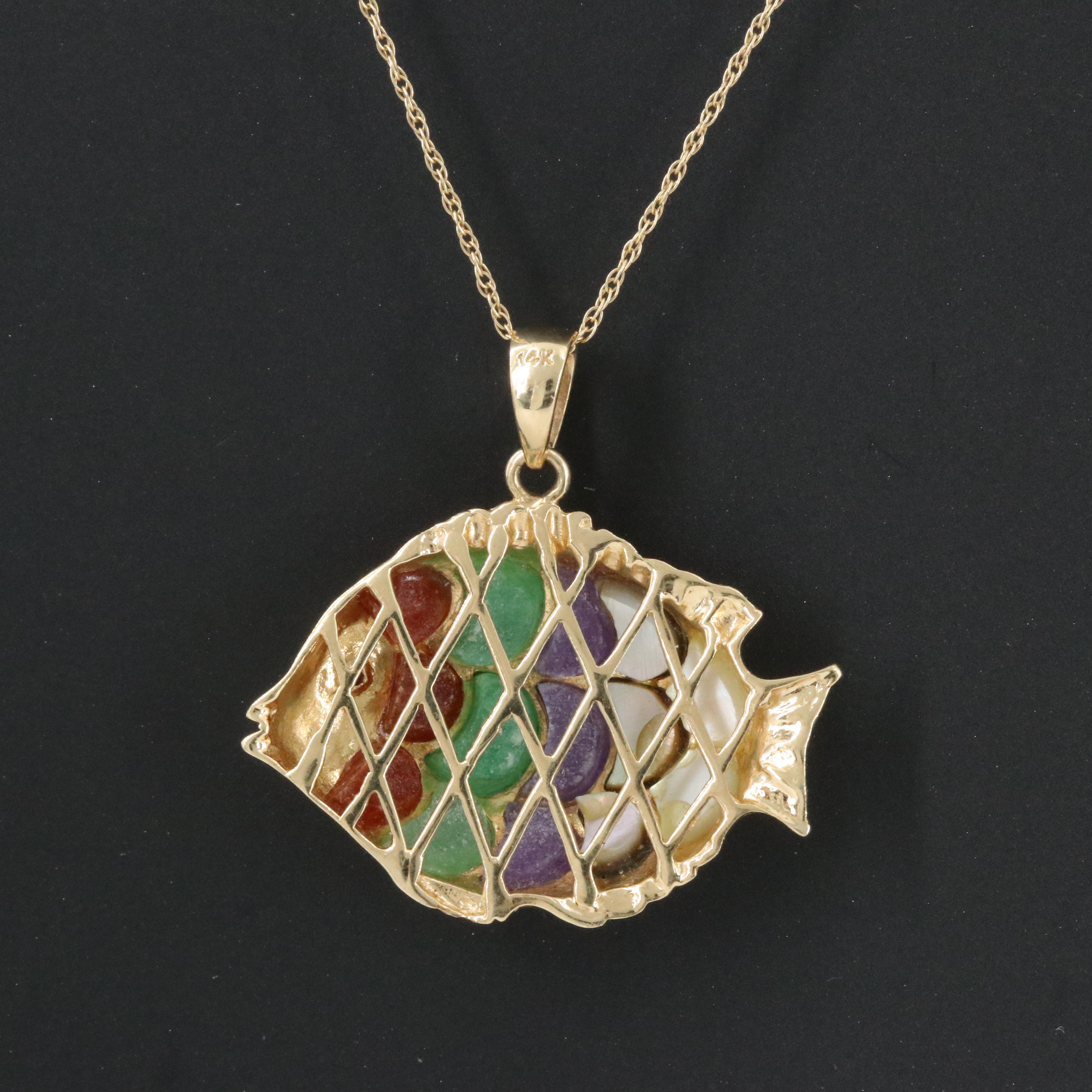 14K Mother-of-Pearl and Jadeite Inlay Fish Pendant with Ruby Eyes and 10K Chain