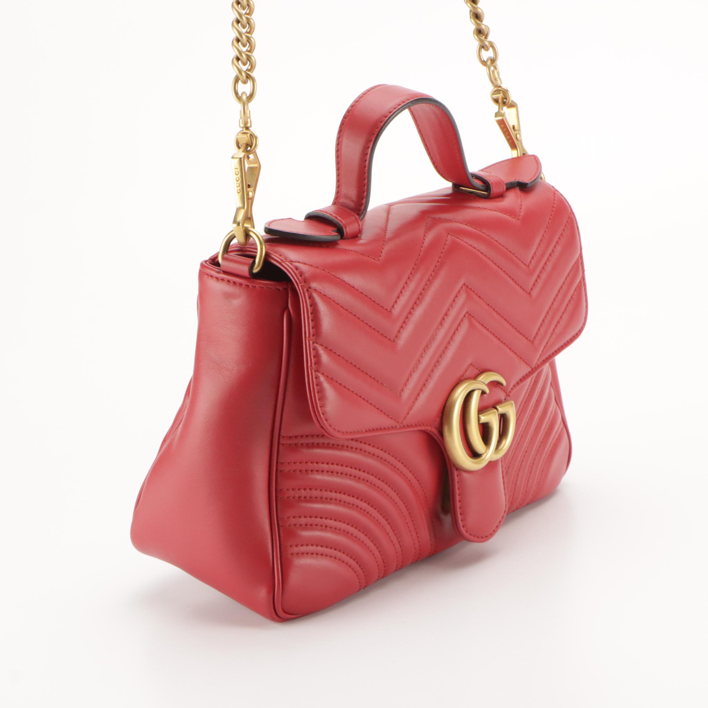 Gucci GG Marmont Top Handle Shoulder Bag in Red Matelassé Leather