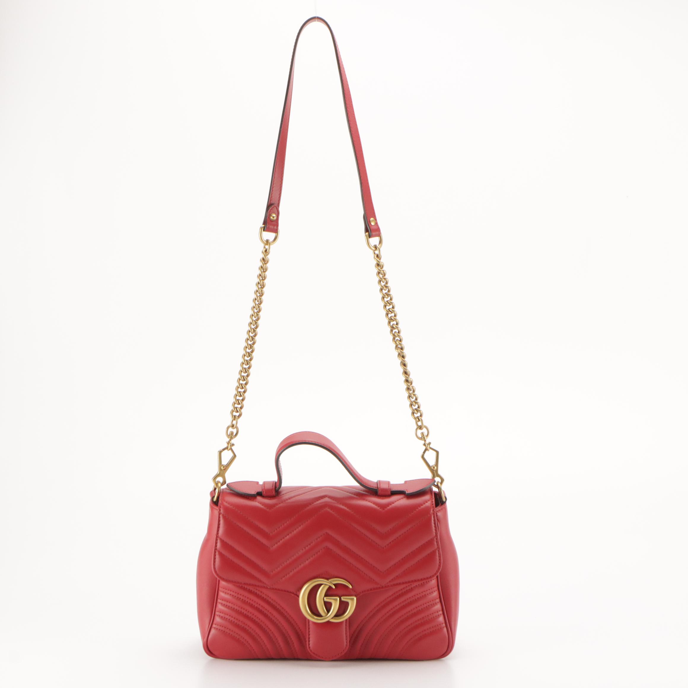 Gucci GG Marmont Top Handle Shoulder Bag in Red Matelassé Leather