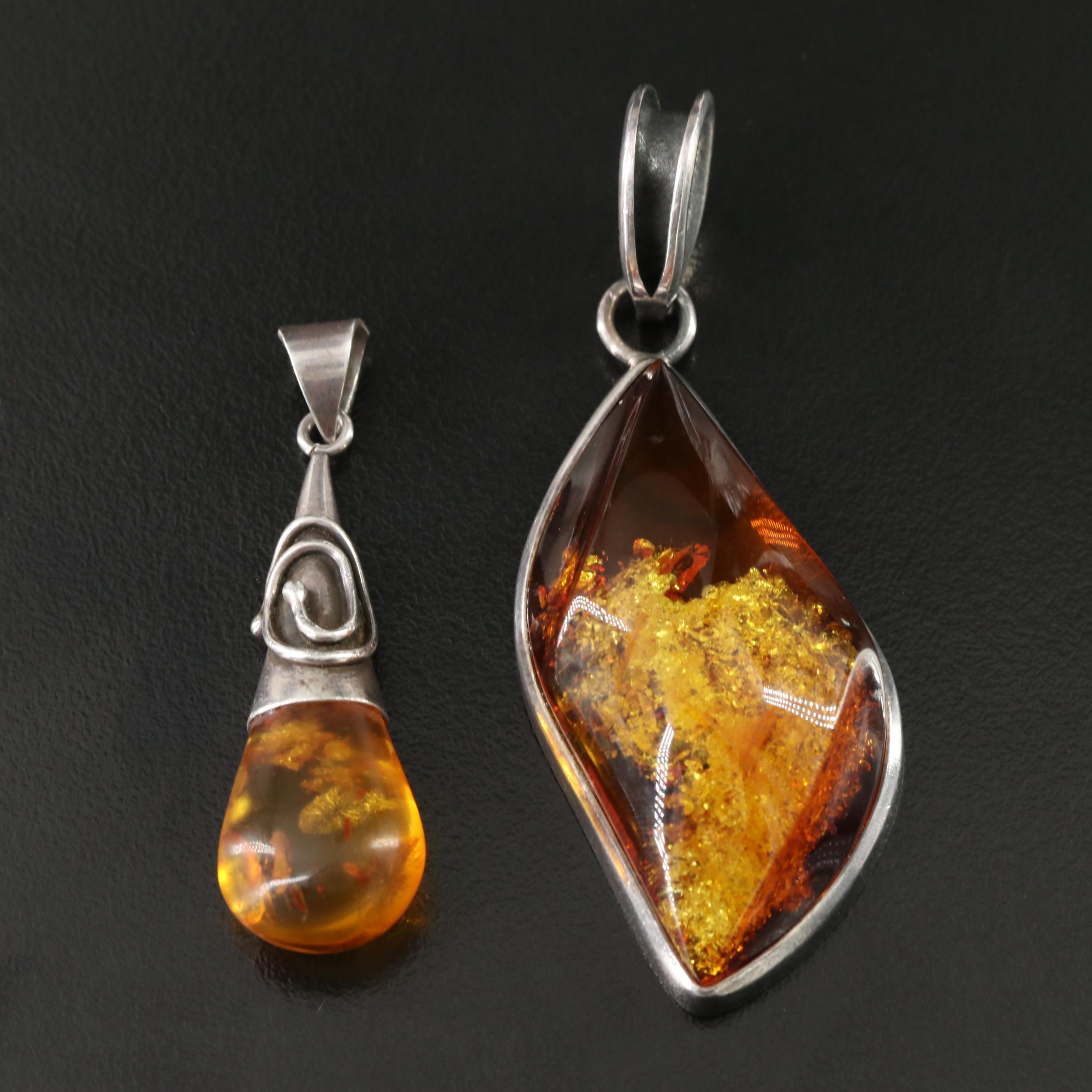 Fine Silver Amber Pendants