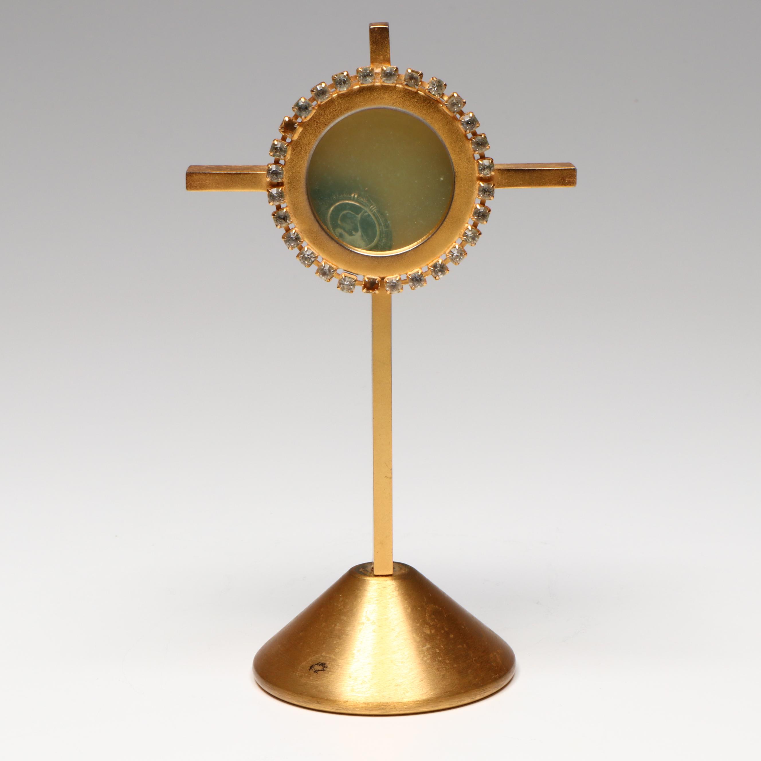 Embellished Brass Cross Monstrance Reliquary with Pendant