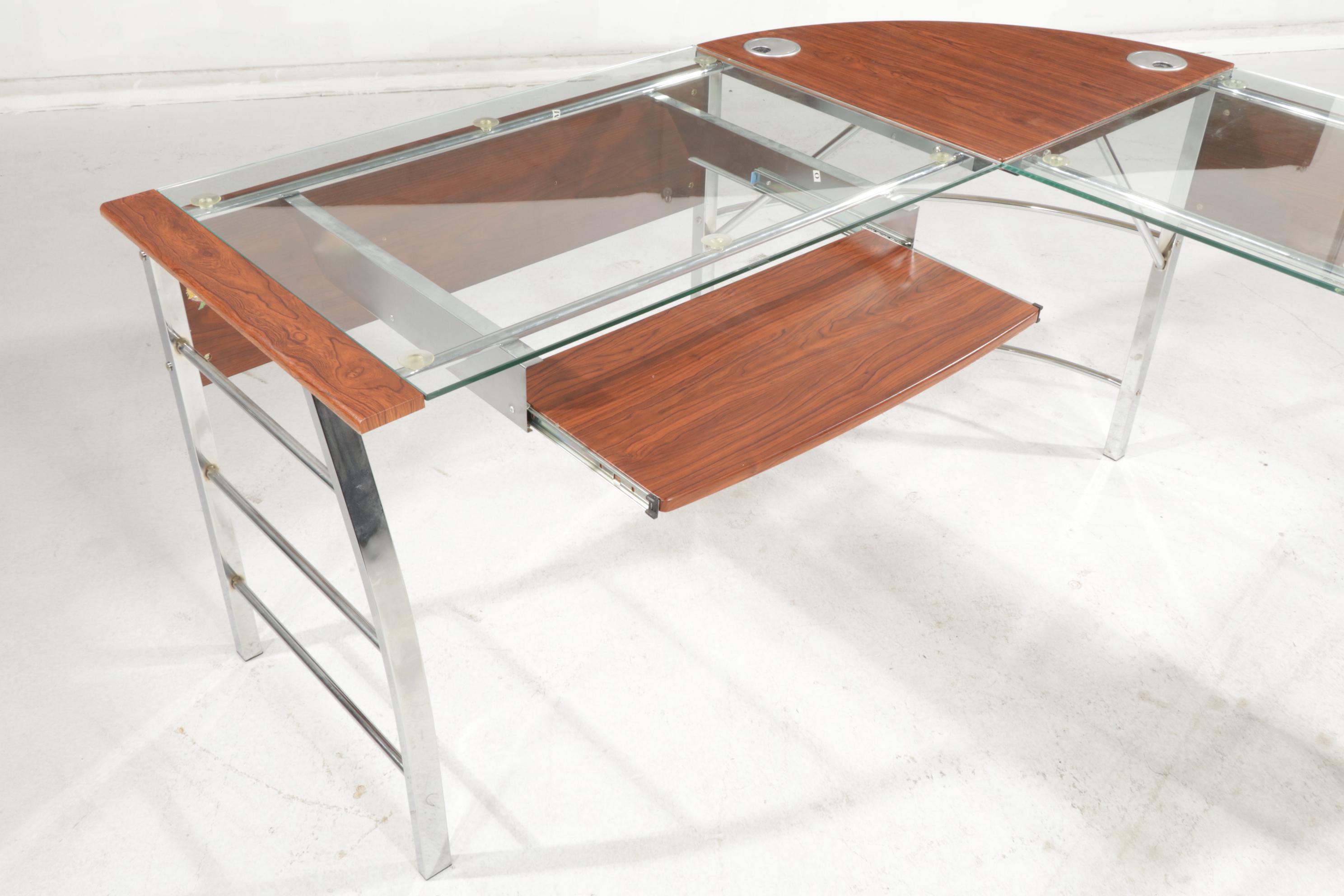 Contemporary Metal Curved Computer Desk with Glass and Wood Grain Top