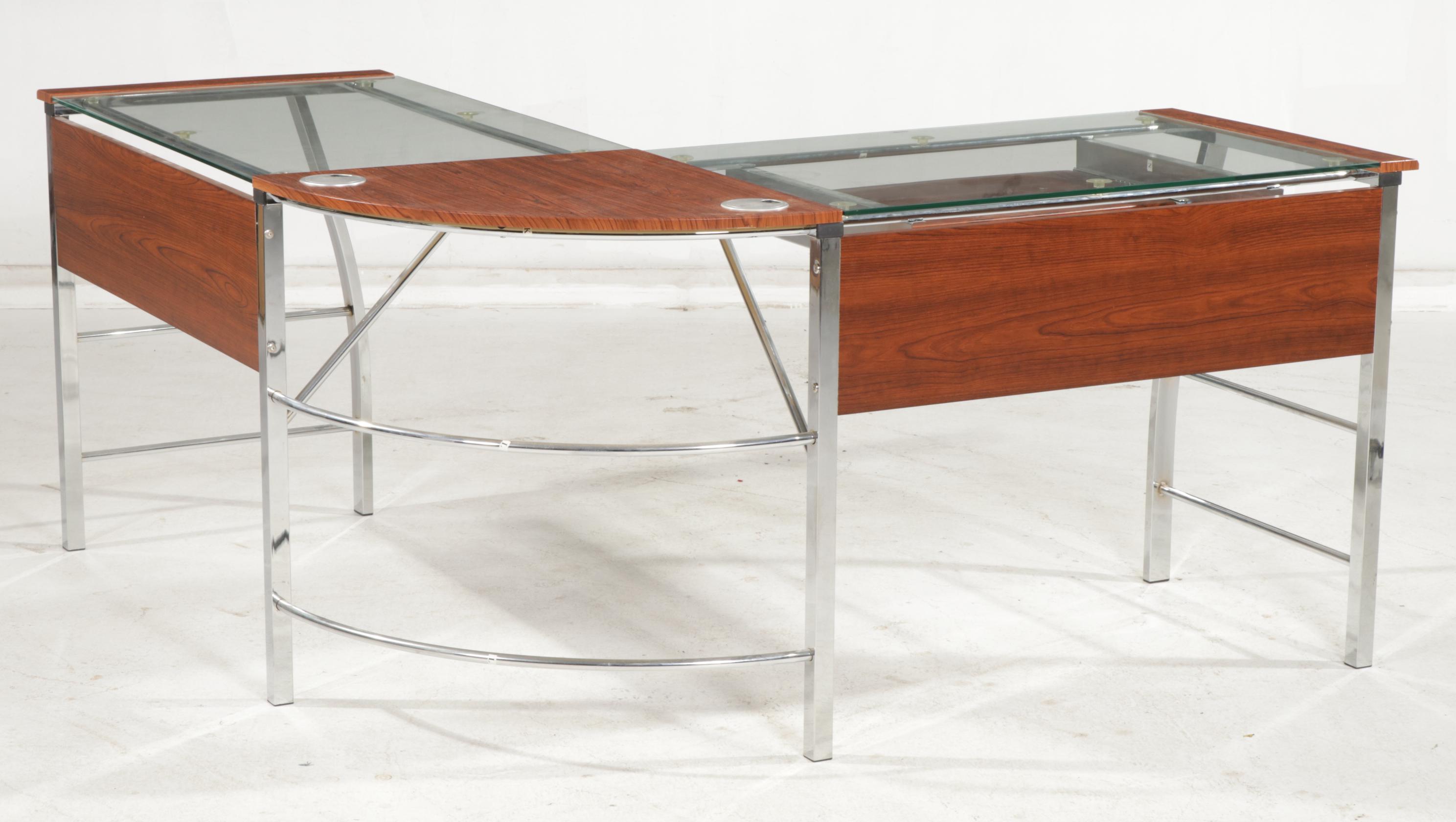Contemporary Metal Curved Computer Desk with Glass and Wood Grain Top