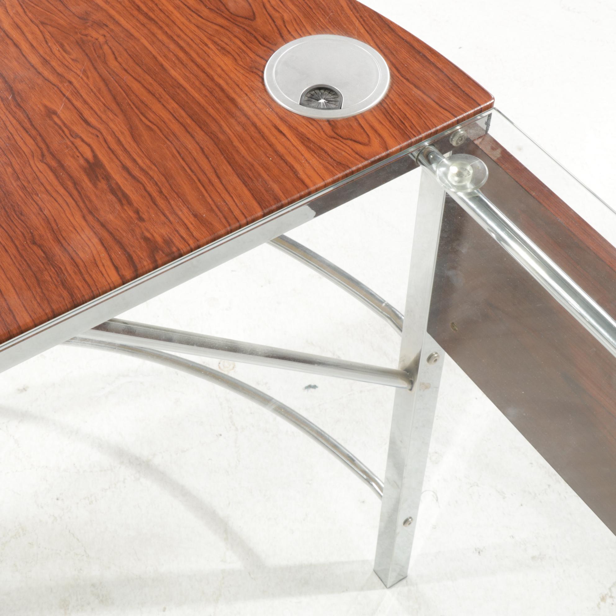 Contemporary Metal Curved Computer Desk with Glass and Wood Grain Top