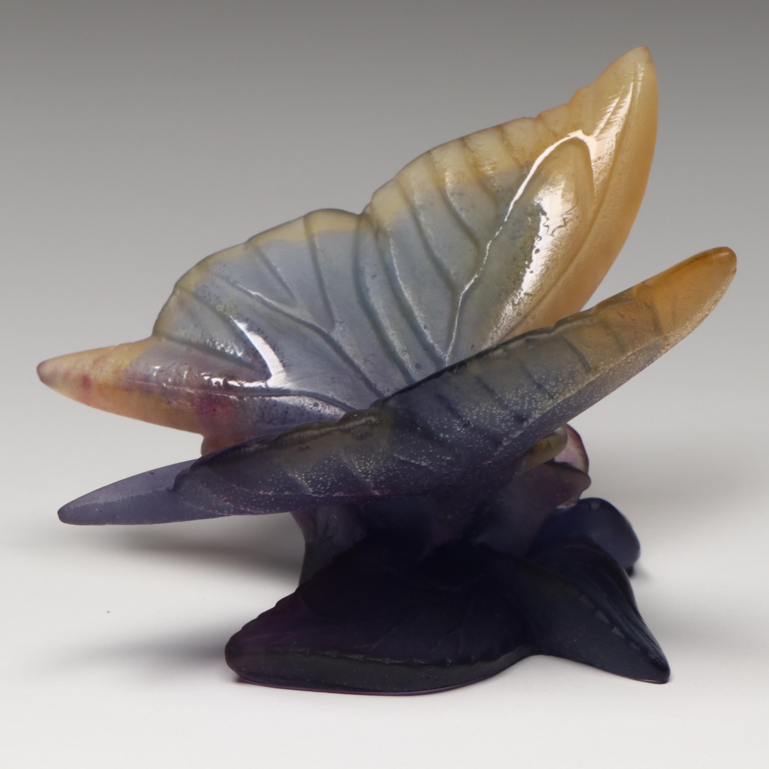 Daum Purple and Yellow Pâte de Verre Butterfly Figurine, 20th Century