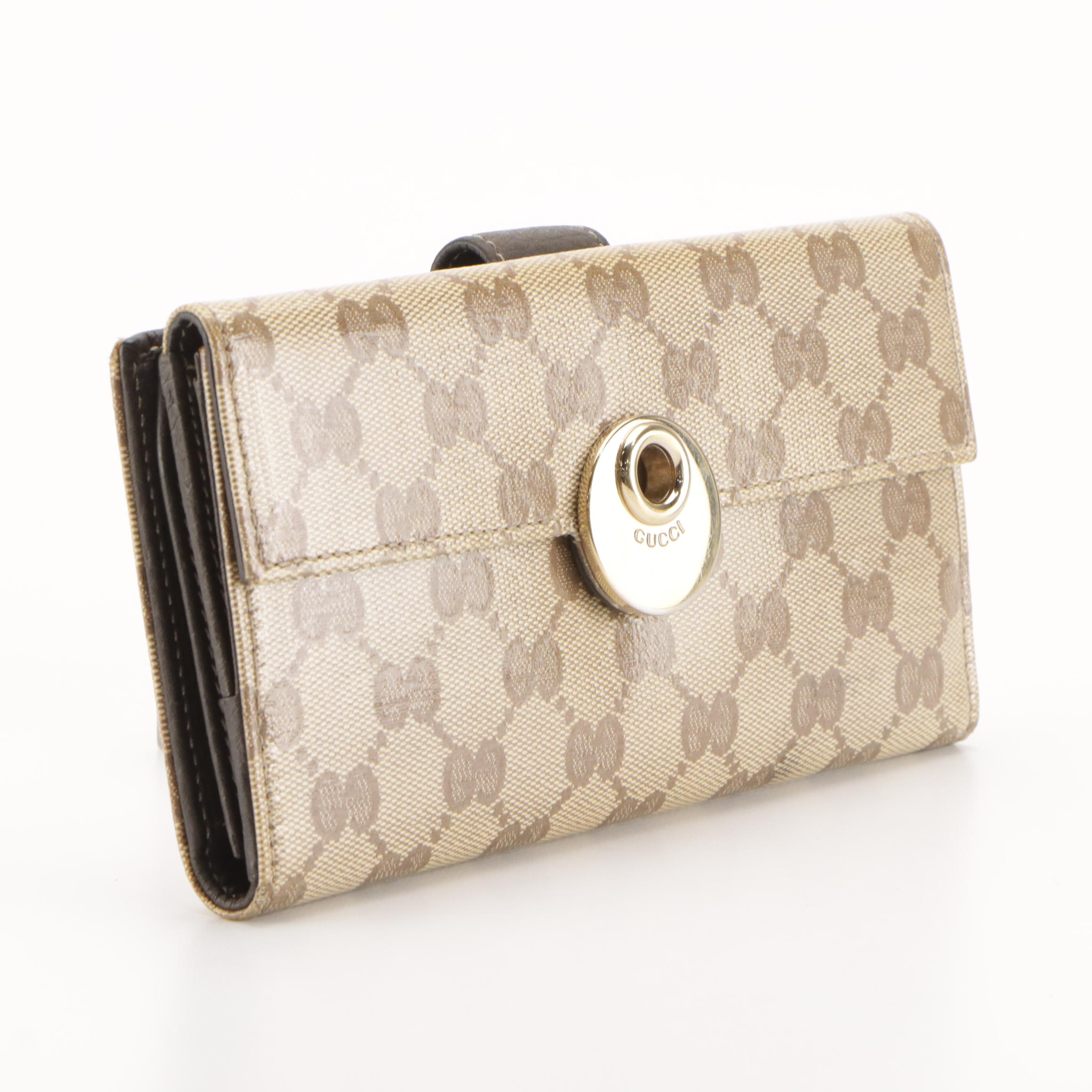 Gucci Eclipse Continental Wallet in GG Crystal Canvas and Brown Grained Leather