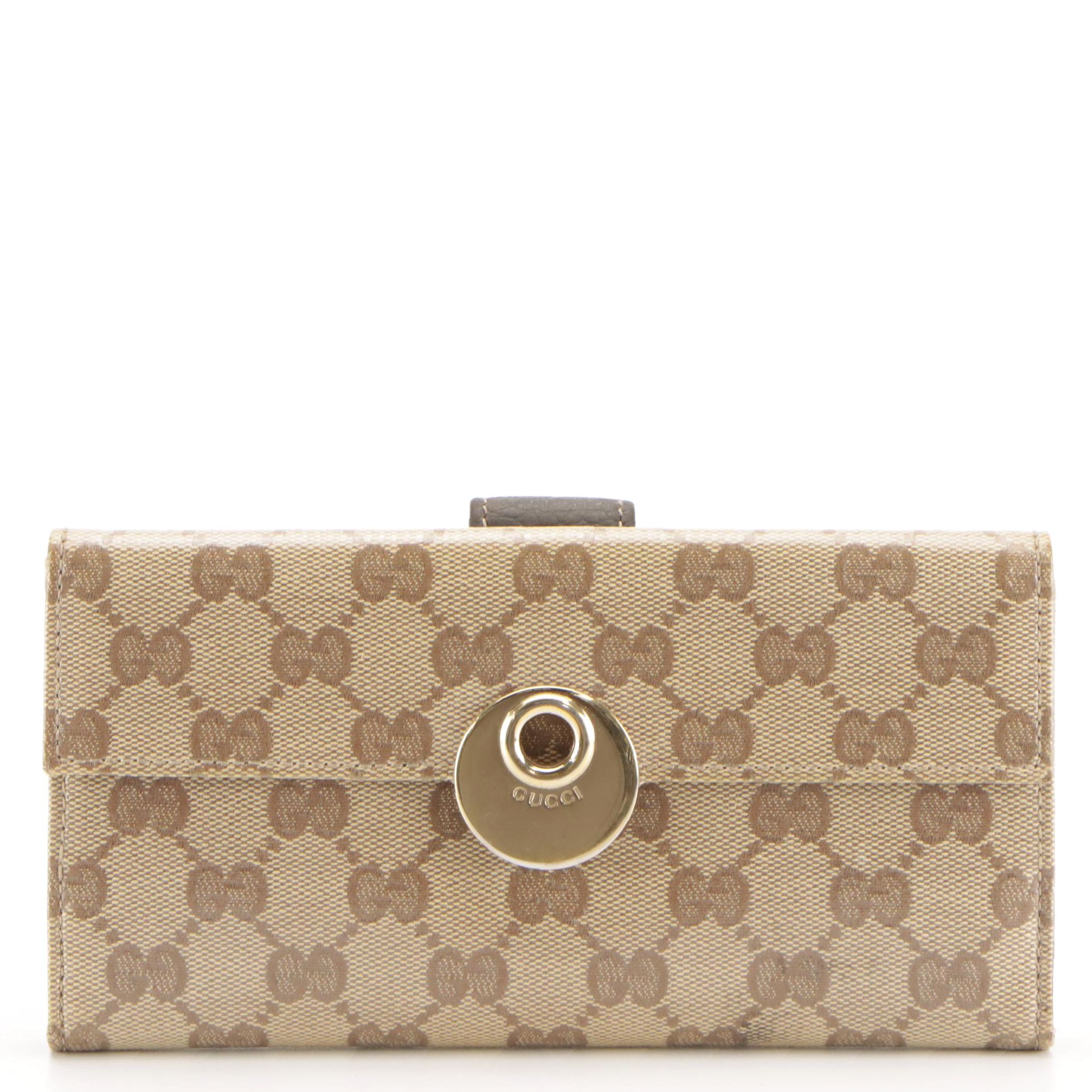 Gucci Eclipse Continental Wallet in GG Crystal Canvas and Brown Grained Leather