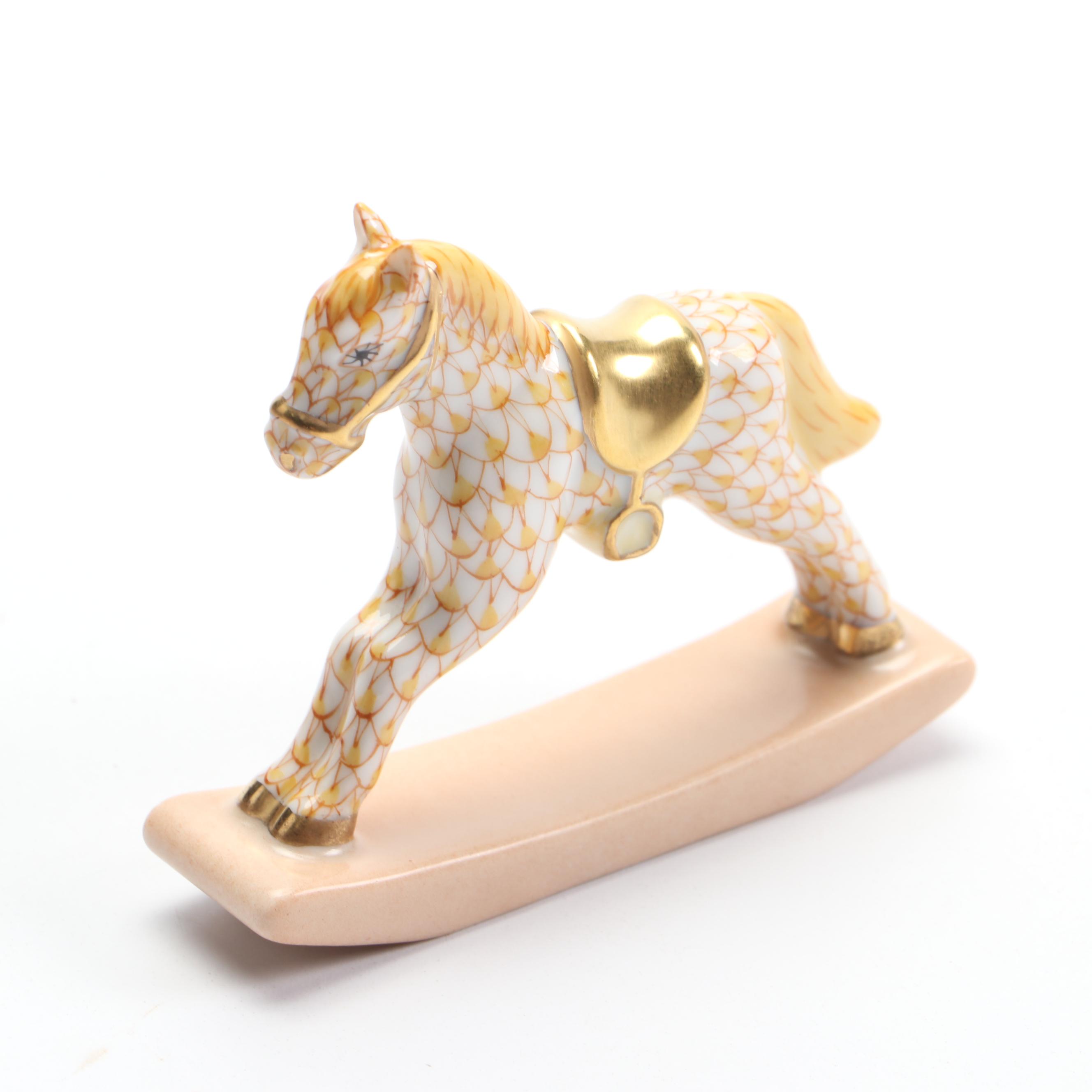 Herend Butterscotch Fishnet with Gold "Rocking Horse" Porcelain Figurine