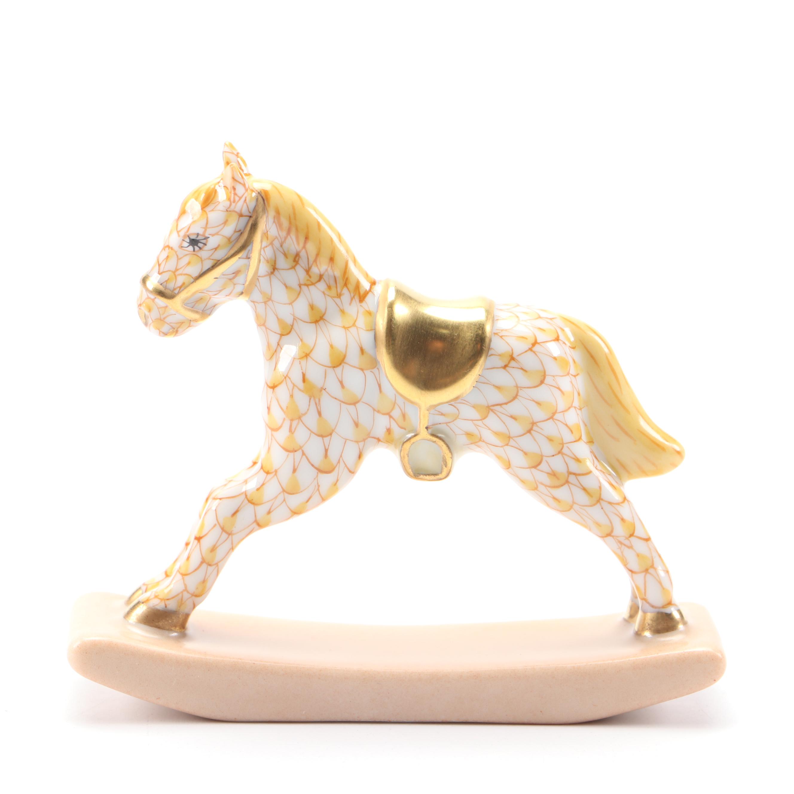 Herend Butterscotch Fishnet with Gold "Rocking Horse" Porcelain Figurine