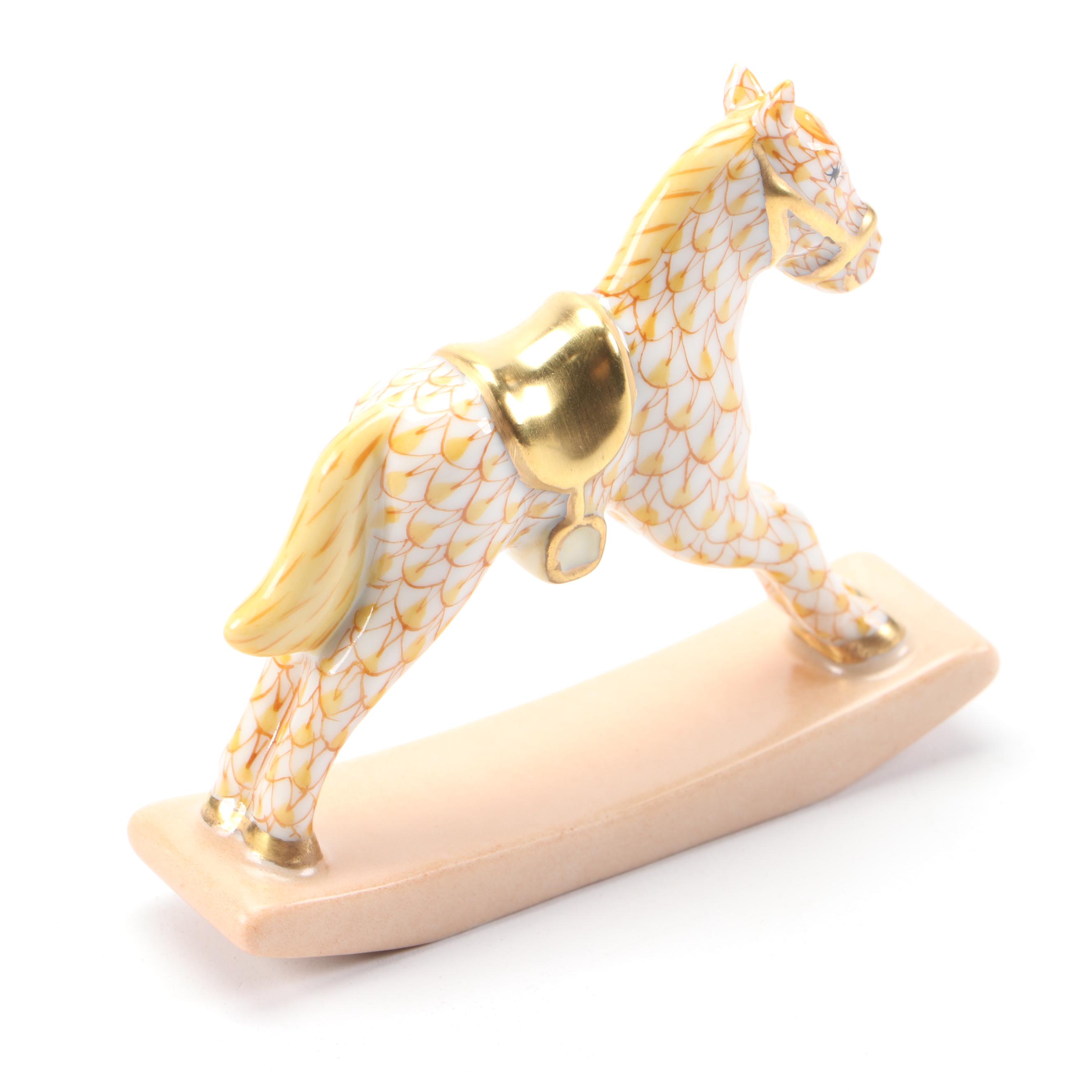 Herend Butterscotch Fishnet with Gold "Rocking Horse" Porcelain Figurine