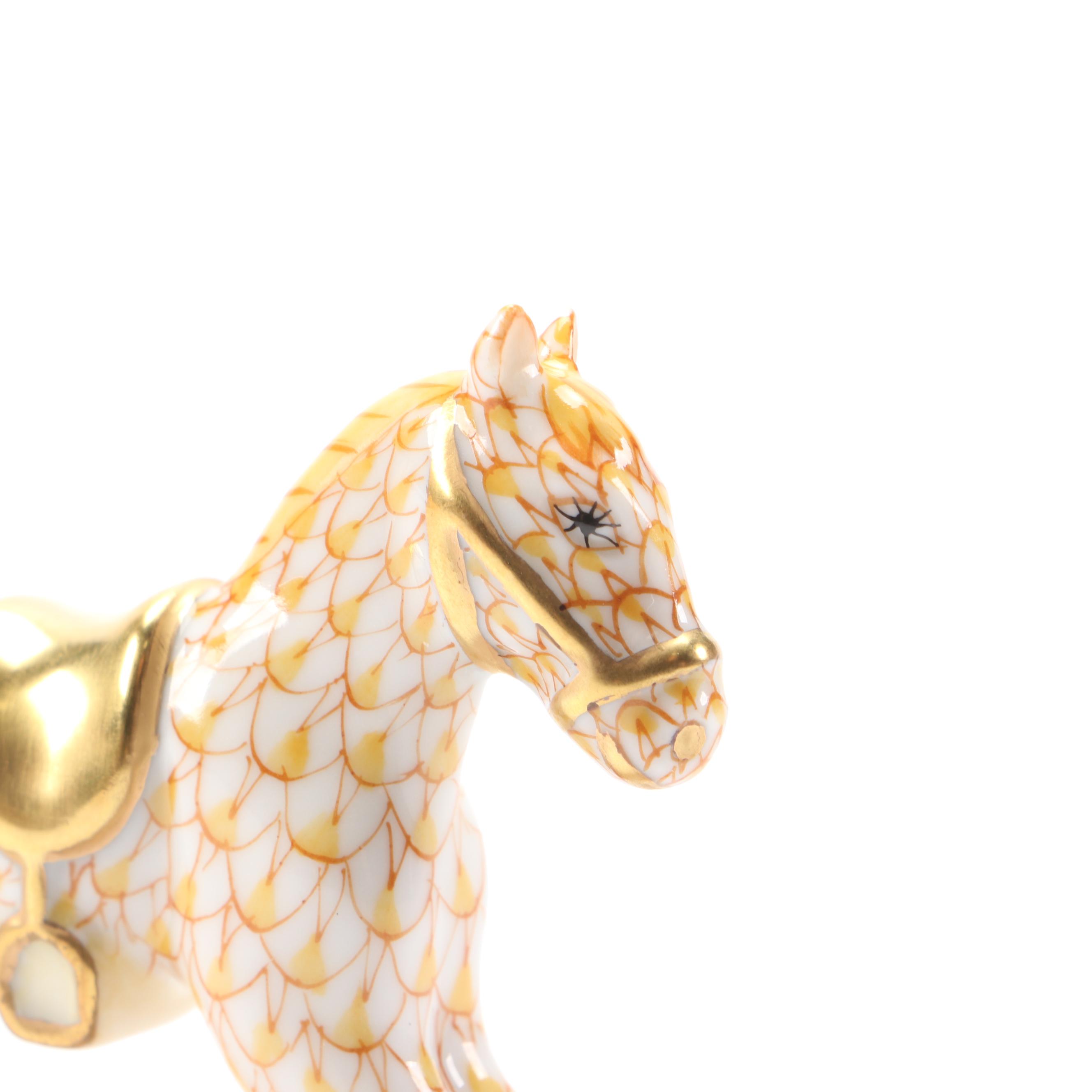 Herend Butterscotch Fishnet with Gold "Rocking Horse" Porcelain Figurine