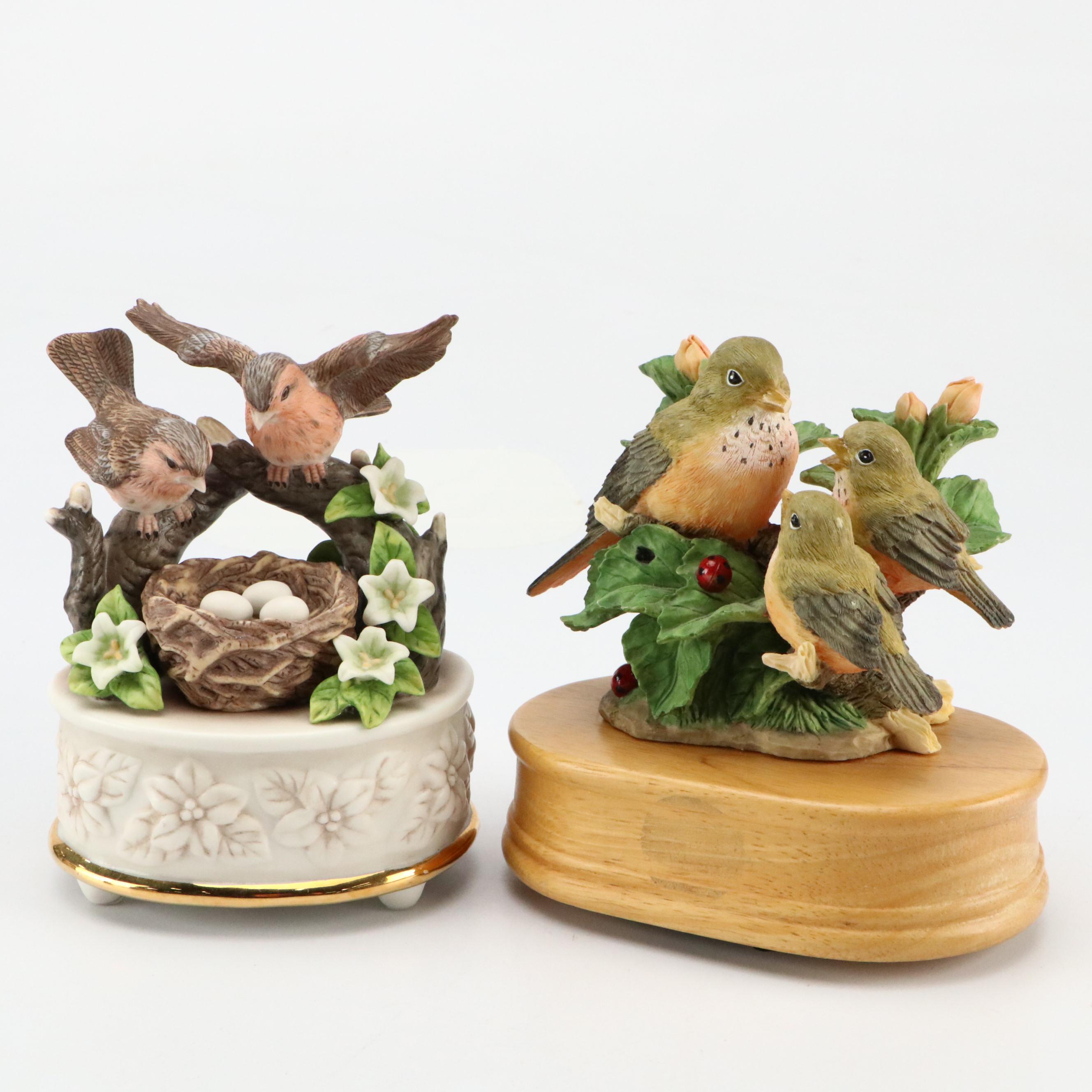 Edwin M. Knowles "The Robin" Collector Plate with Bird Figurines and Music Boxes