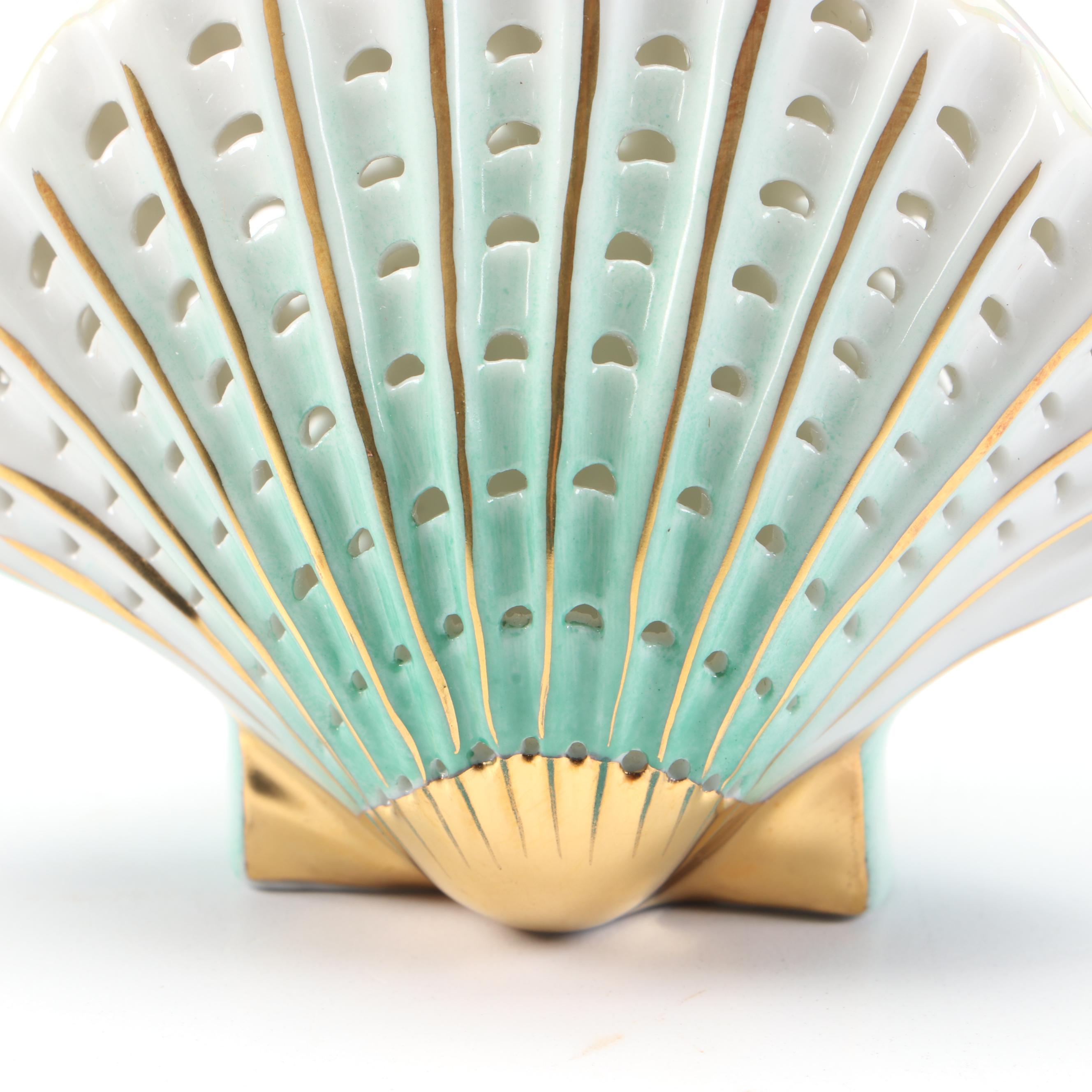 Herend Green and Gold "Scallop Shell" Open Work Porcelain Figurine
