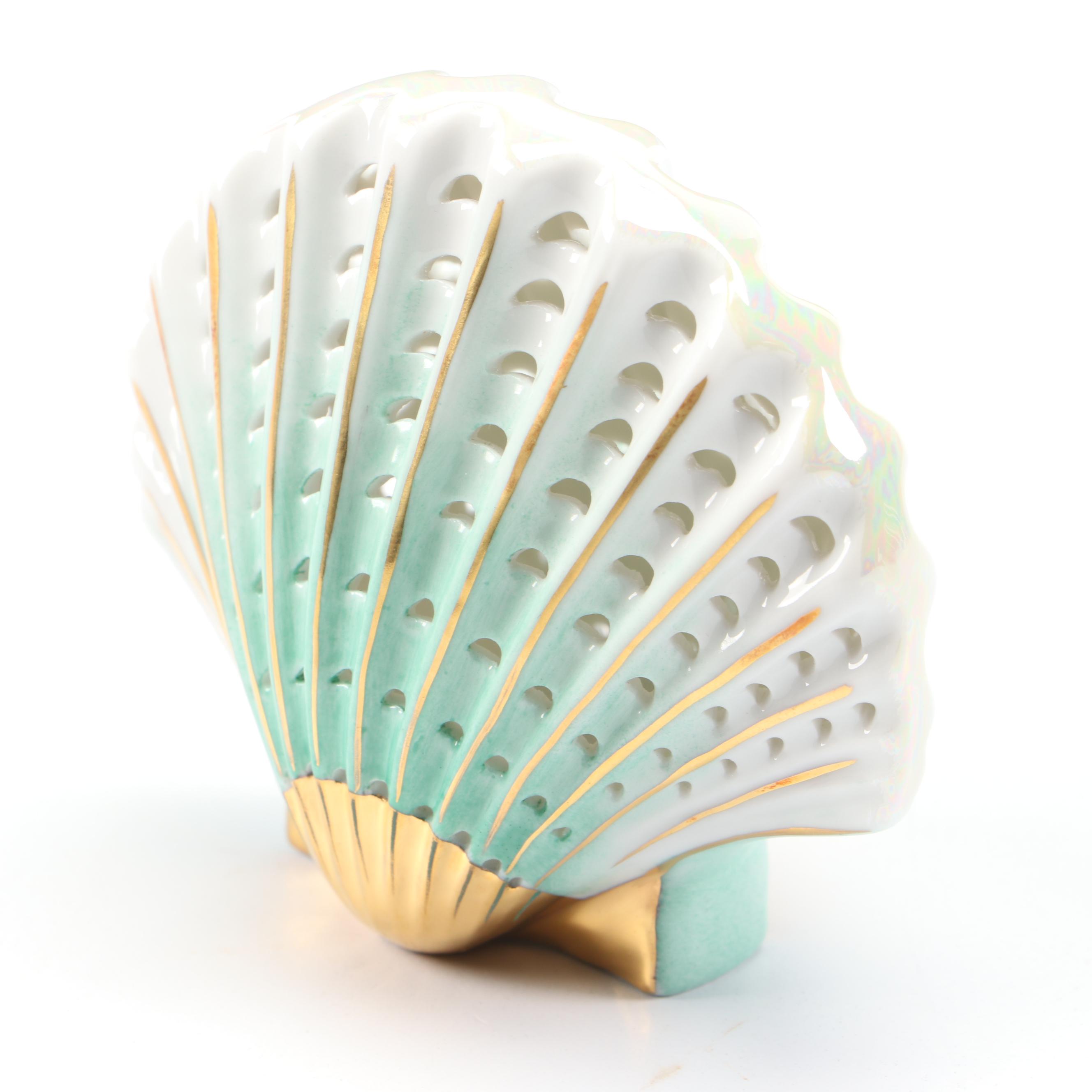 Herend Green and Gold "Scallop Shell" Open Work Porcelain Figurine