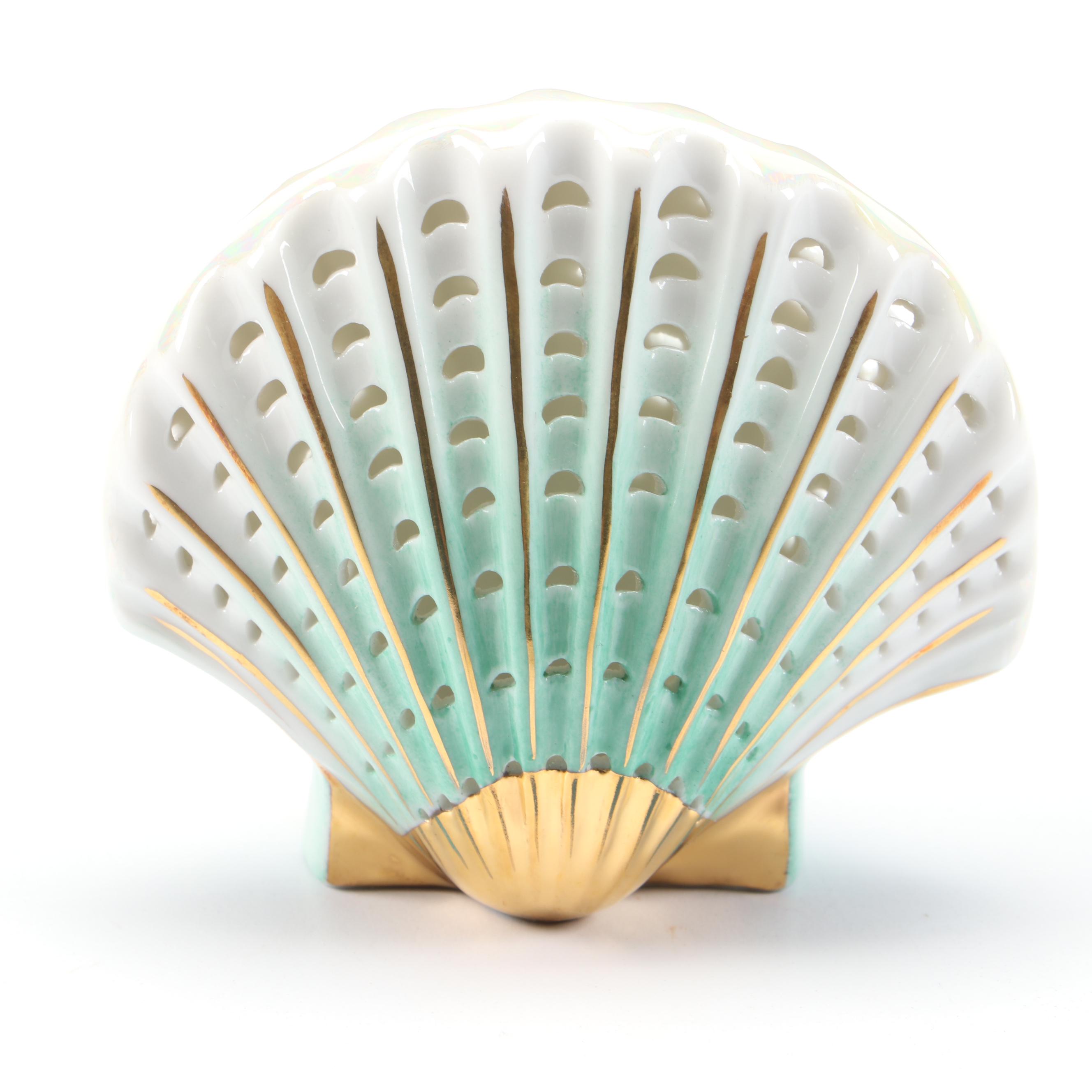 Herend Green and Gold "Scallop Shell" Open Work Porcelain Figurine