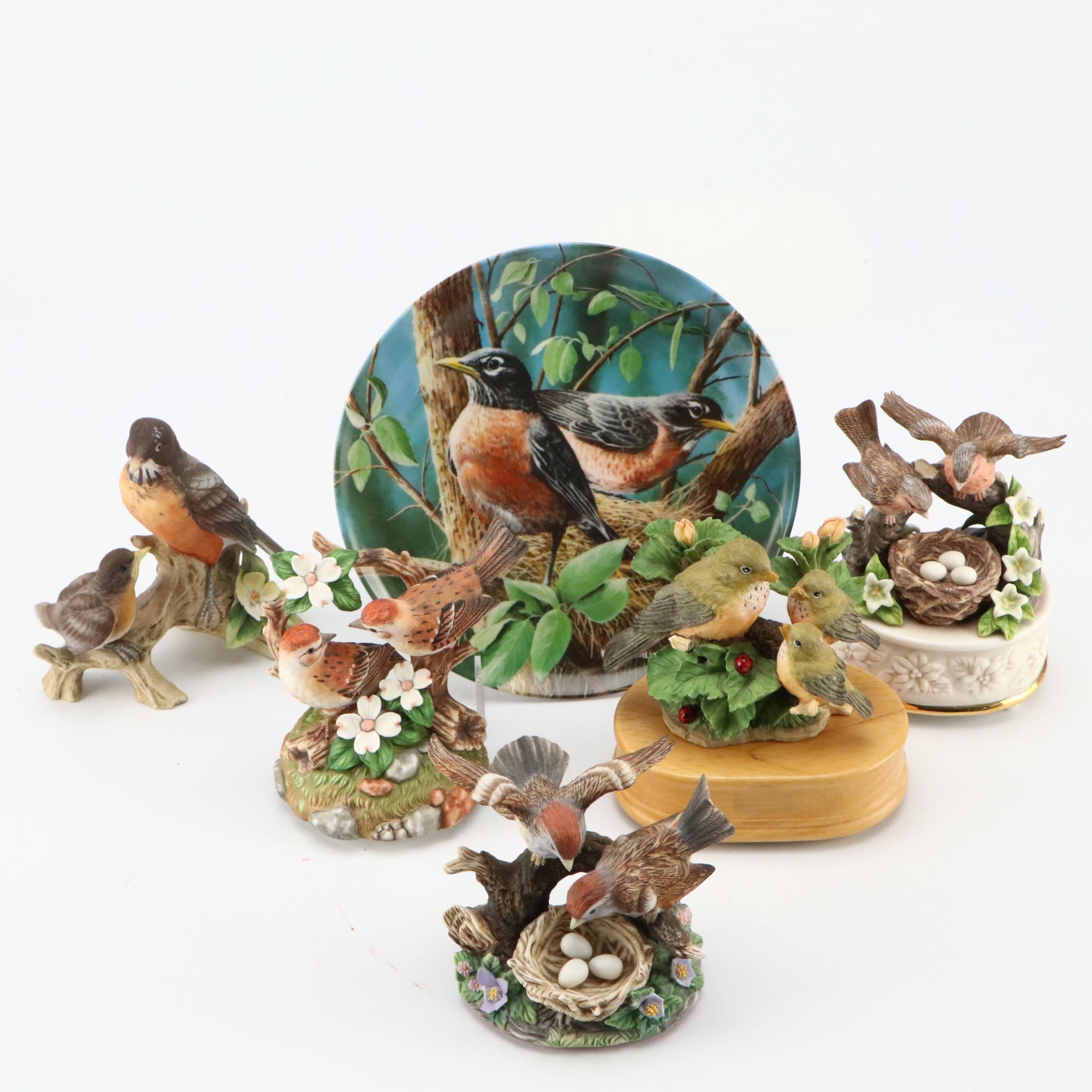 Edwin M. Knowles "The Robin" Collector Plate with Bird Figurines and Music Boxes