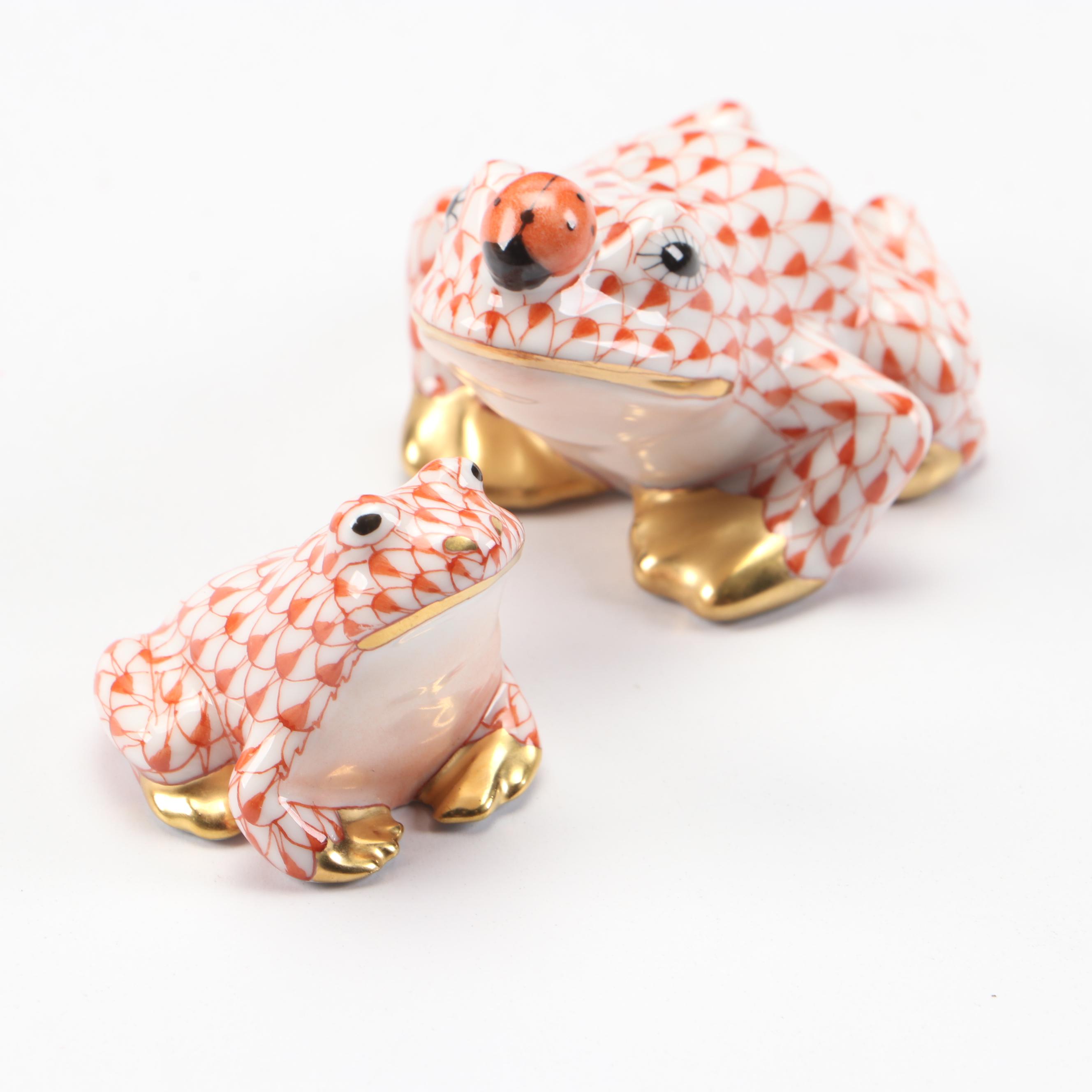Herend Rust Fishnet with Gold "Frog with Ladybug" and "Miniature Frog" Figurines