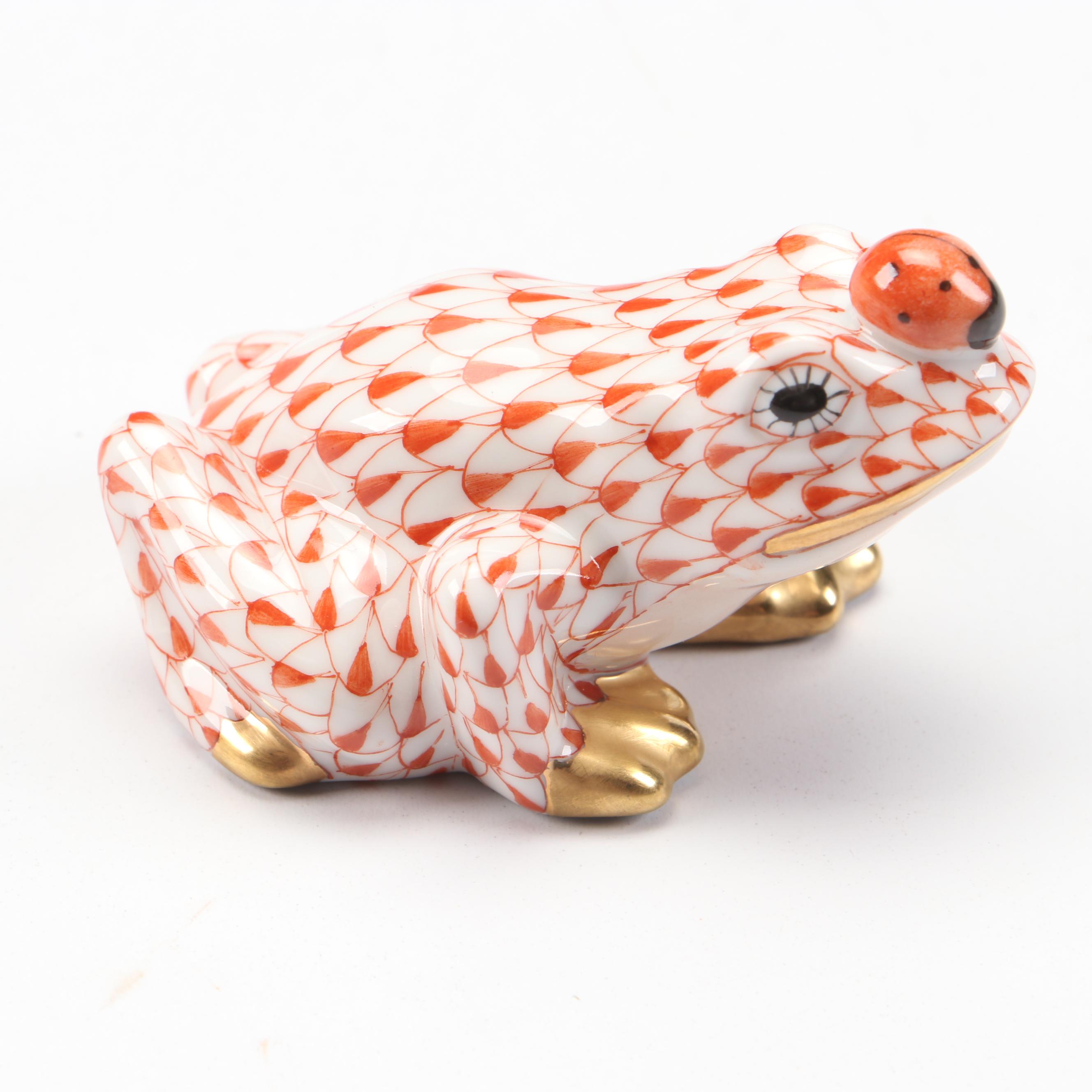 Herend Rust Fishnet with Gold "Frog with Ladybug" and "Miniature Frog" Figurines