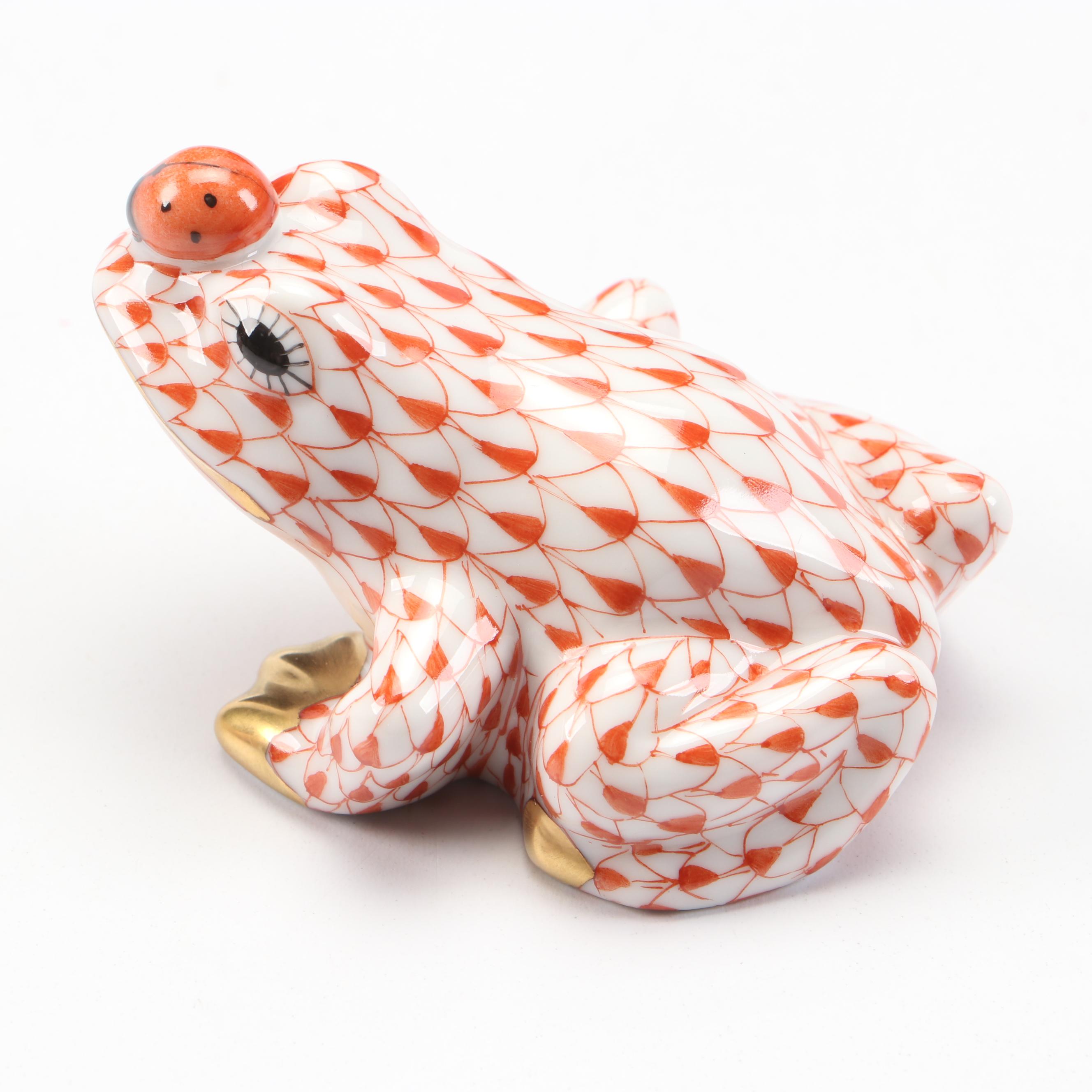 Herend Rust Fishnet with Gold "Frog with Ladybug" and "Miniature Frog" Figurines
