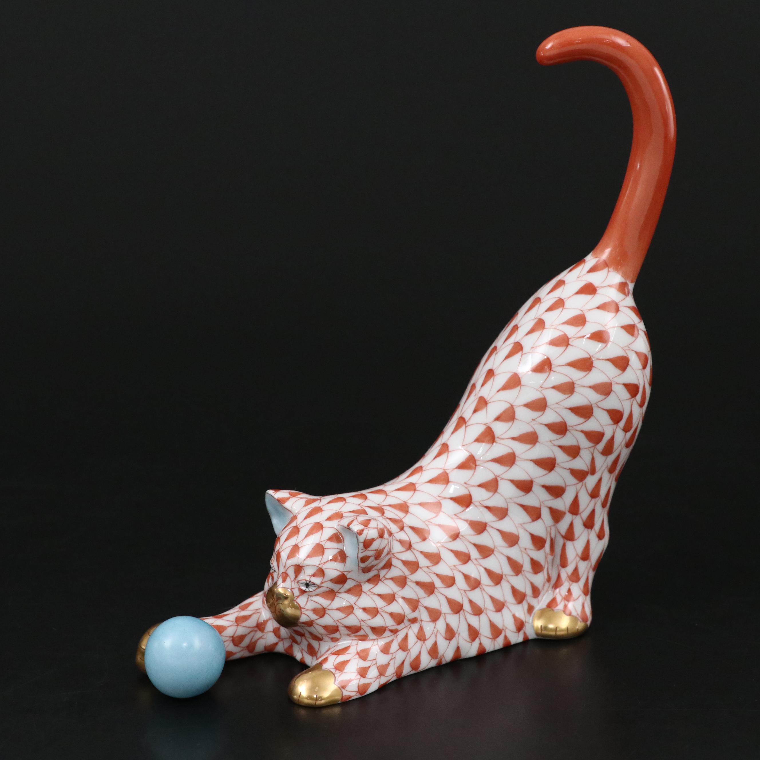 Herend Rust Fishnet with Gold "Cat with Ball" Porcelain Figurine, 1993