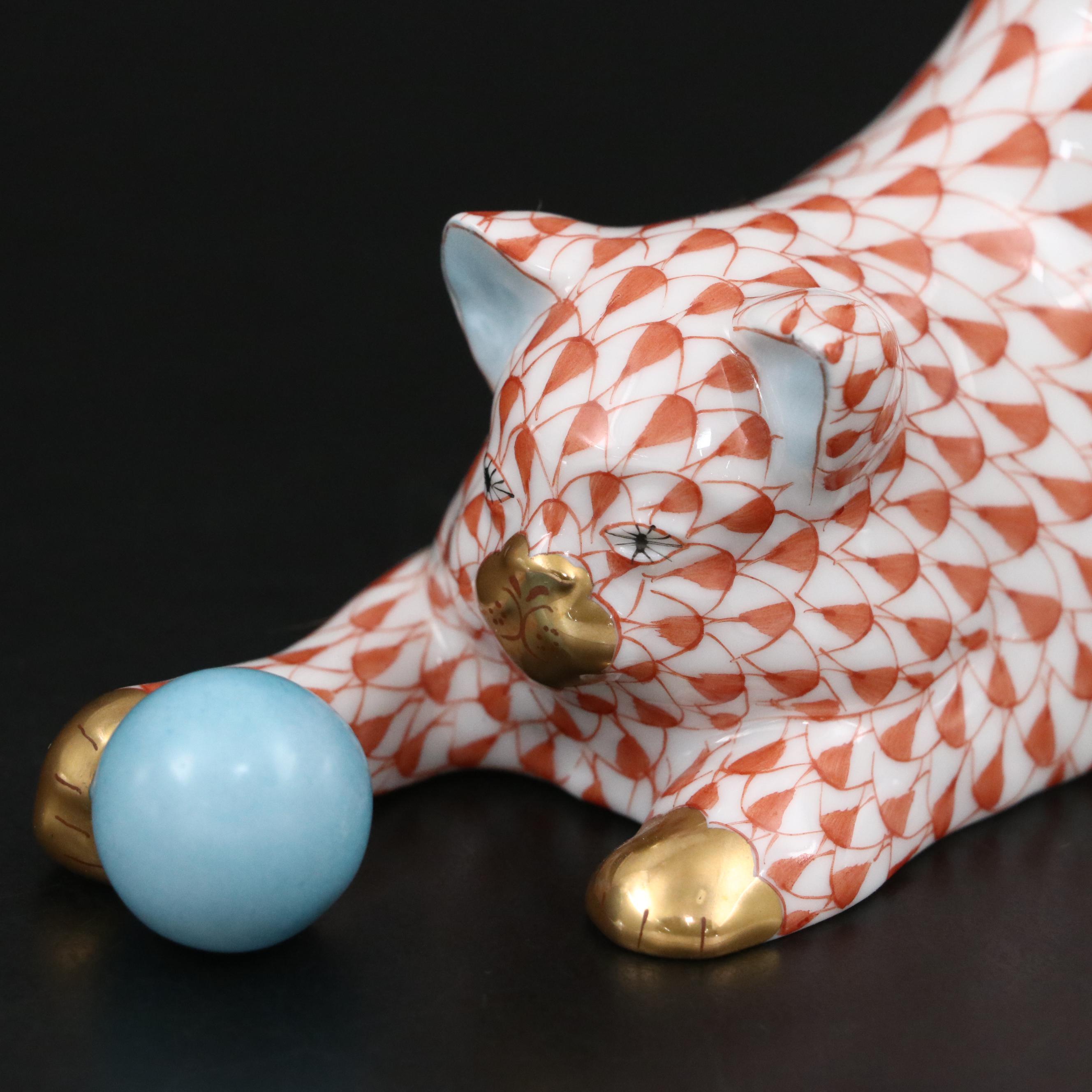 Herend Rust Fishnet with Gold "Cat with Ball" Porcelain Figurine, 1993