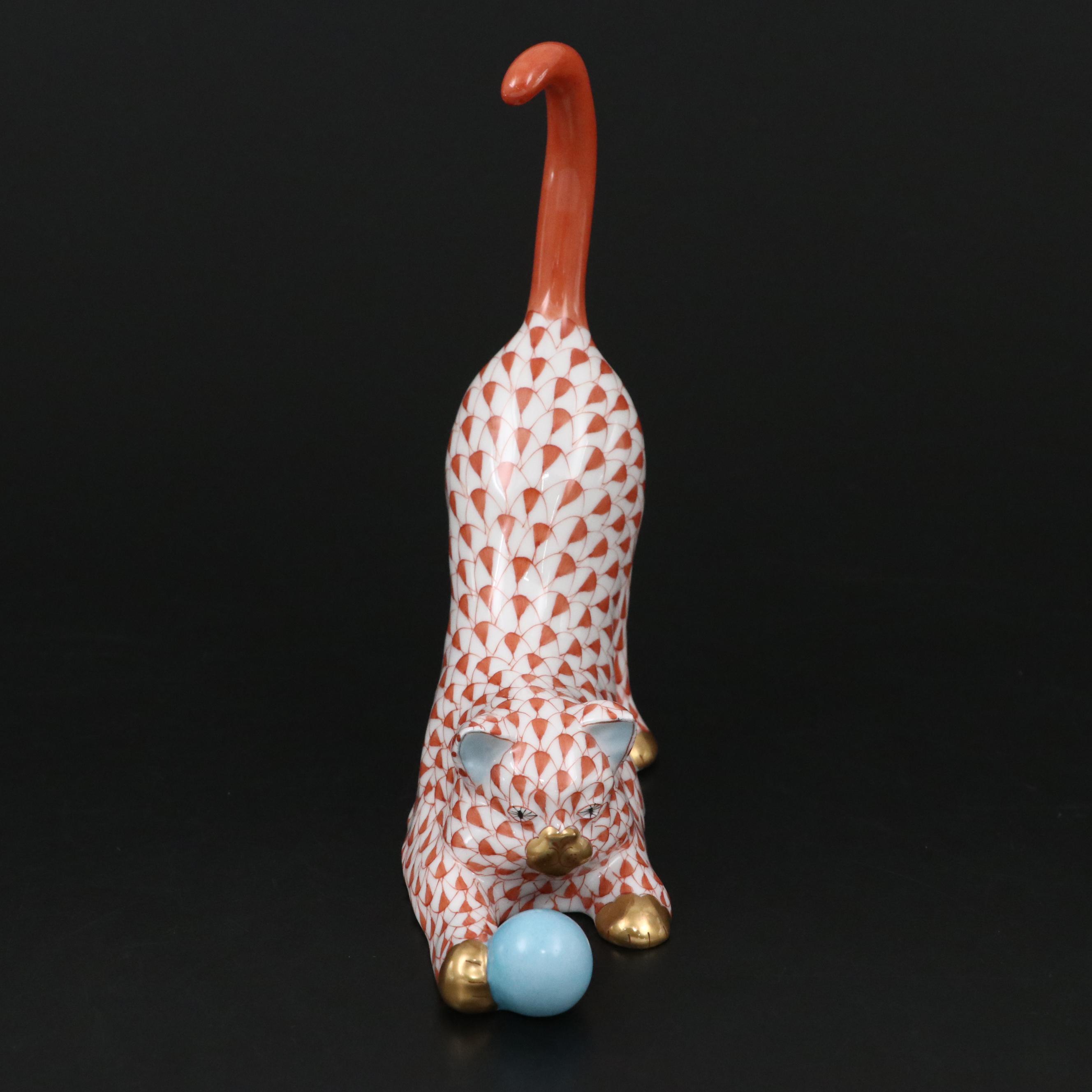 Herend Rust Fishnet with Gold "Cat with Ball" Porcelain Figurine, 1993