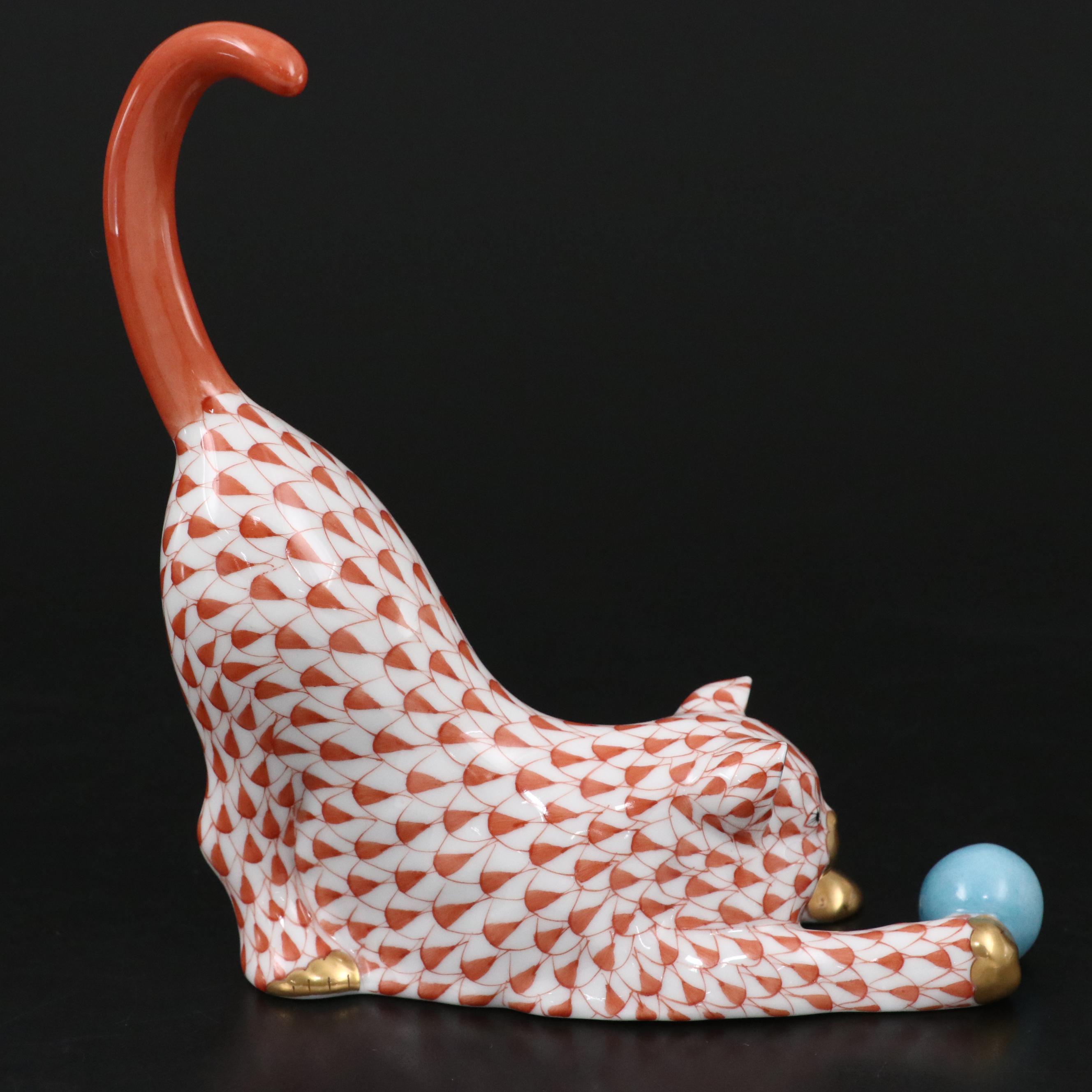 Herend Rust Fishnet with Gold "Cat with Ball" Porcelain Figurine, 1993