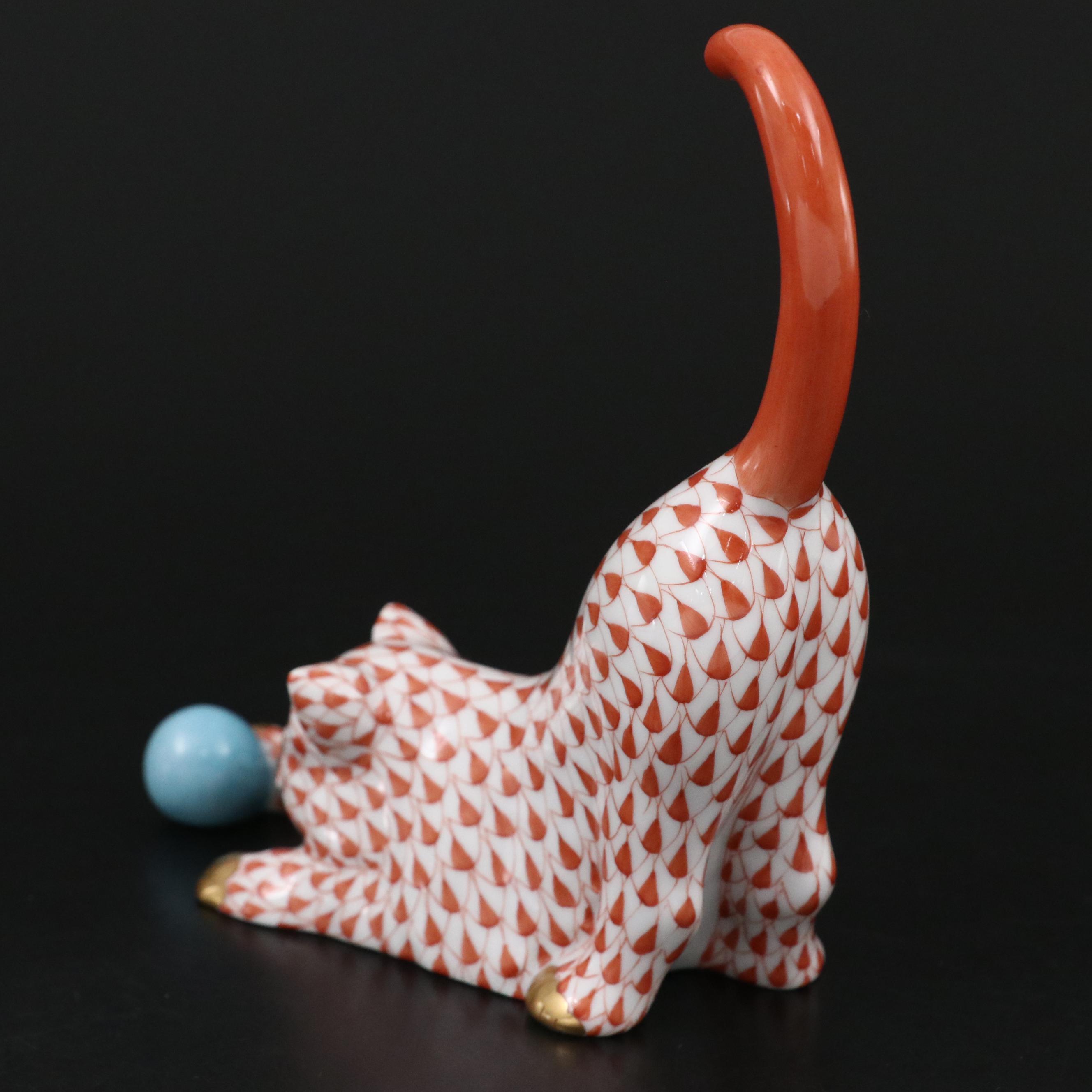 Herend Rust Fishnet with Gold "Cat with Ball" Porcelain Figurine, 1993