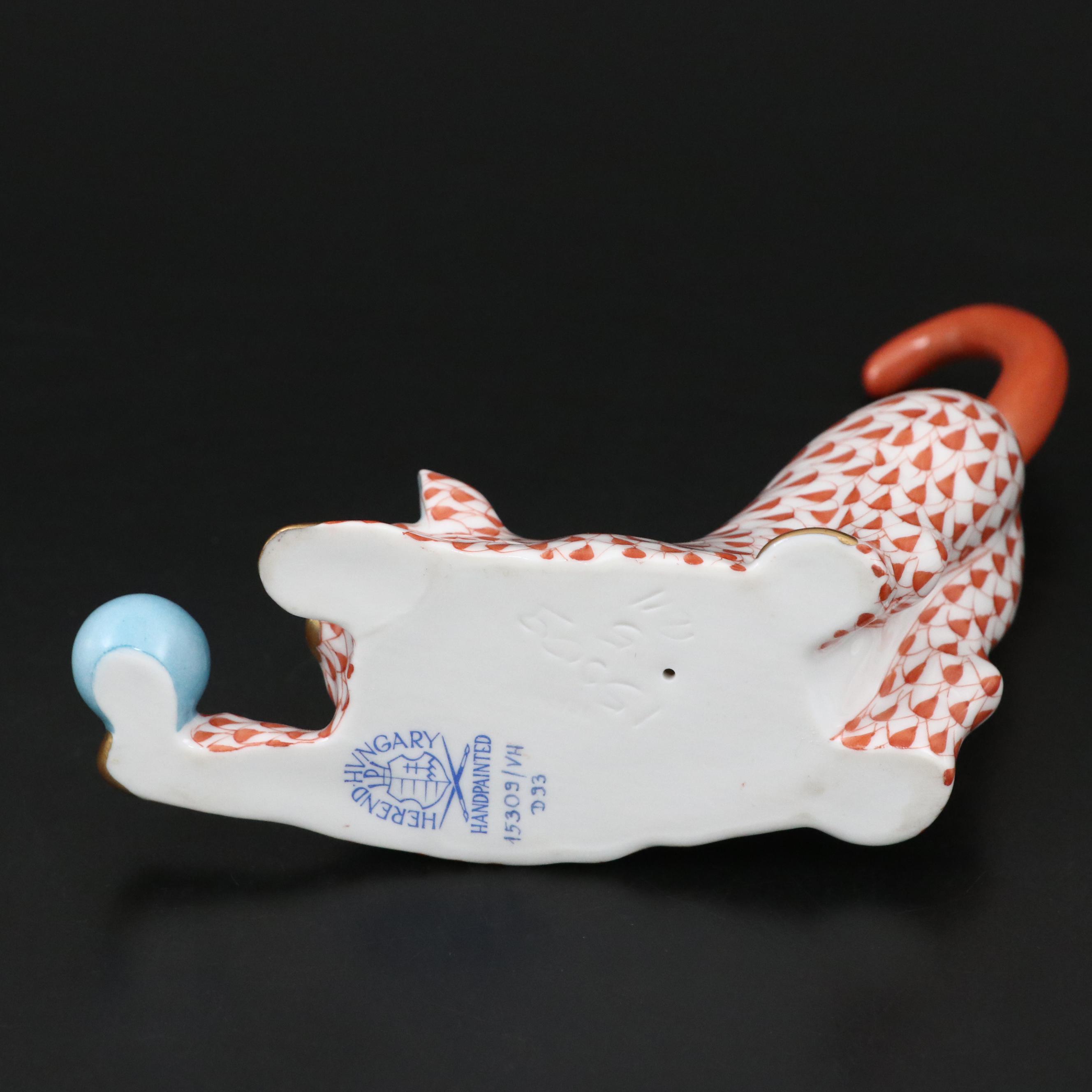 Herend Rust Fishnet with Gold "Cat with Ball" Porcelain Figurine, 1993